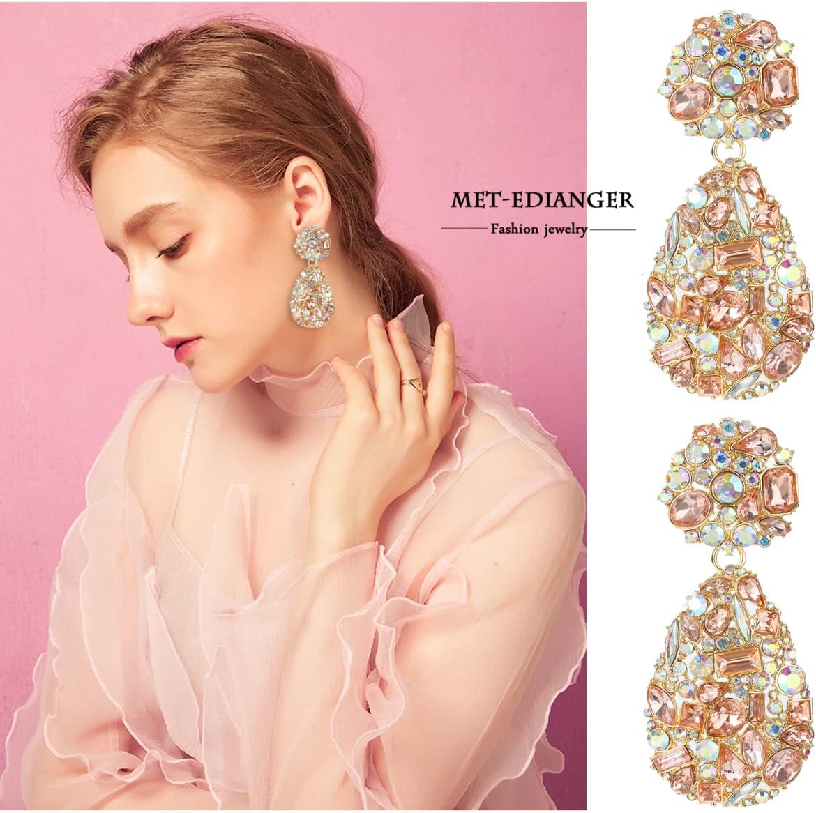 Rhinestone Statement Earrings Teardrop Costume Earrings Cluster Crystal Chandelier Drop Dangle Earrings for Women - Image 3