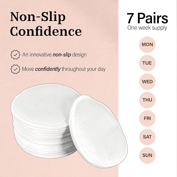 Reusable Non-Slip Nursing Pads, 14 Washable Organic Cotton Breast Pads, Ultra Absorbent & Leakproof, Soft, Thin & Discreet, Comfortable for Sensitive Skin, Postpartum Essential