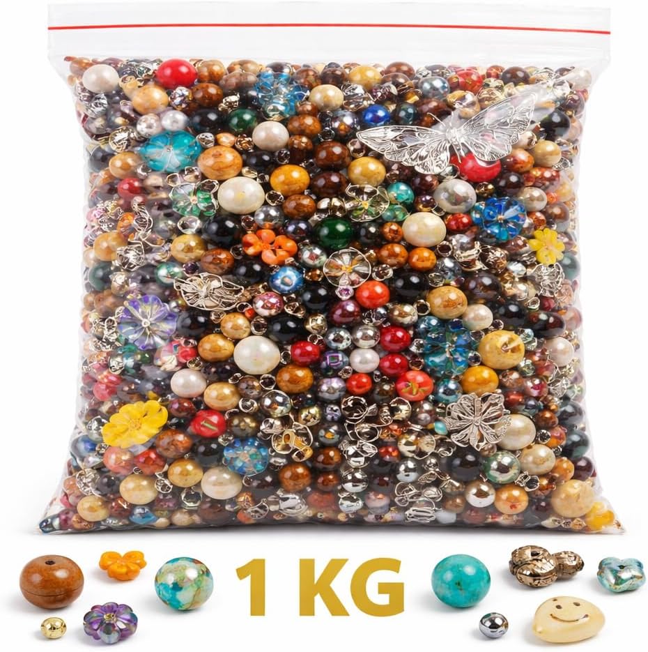 Perlin Mixed Beads Multi Colours and Shapes Glass Wooden Metal Beads 1 kg Bead Set for Jewellery Making DIY Crafts Charms Decoration Threading Bracelets Necklaces Earrings