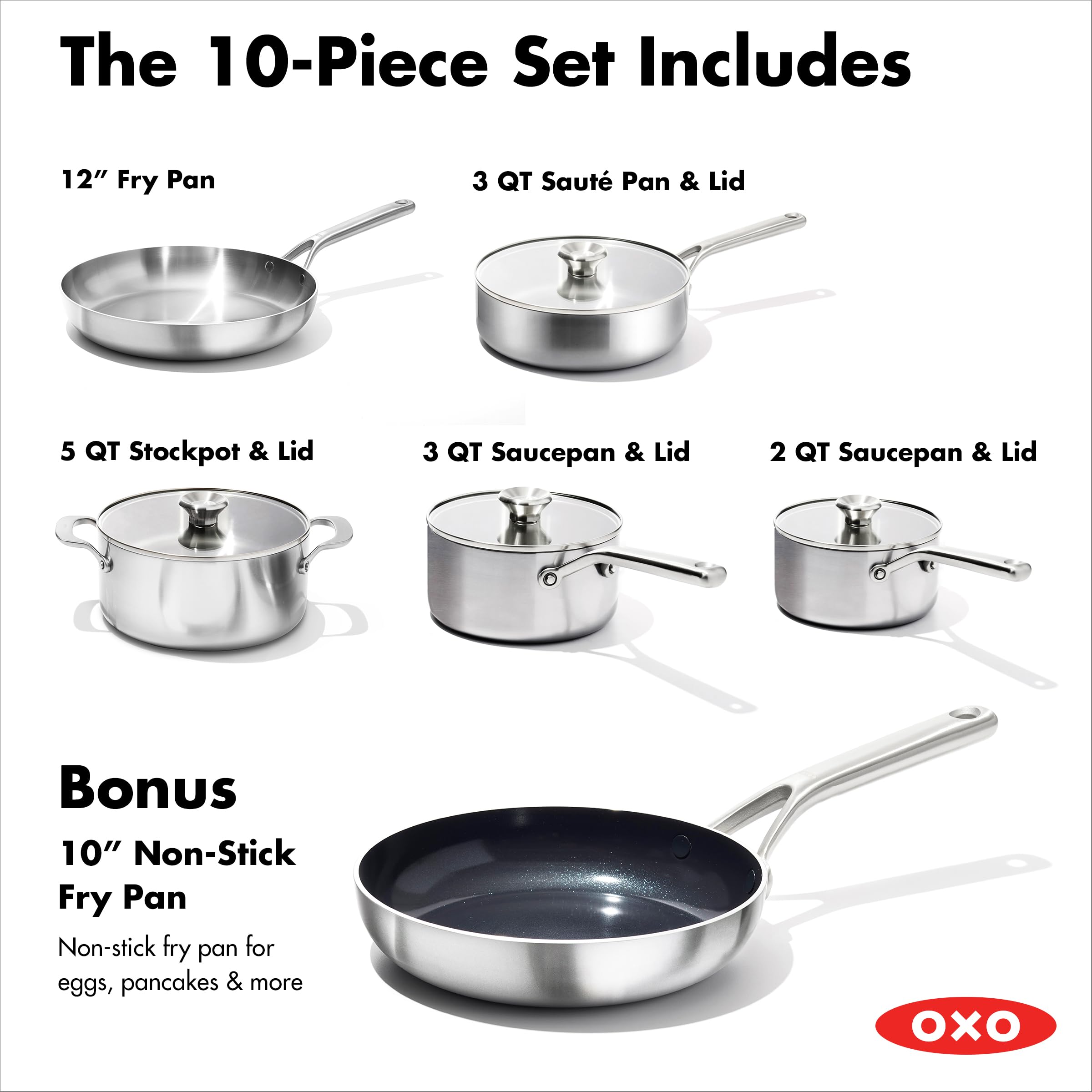 OXO Juego de ollas y sartenes de acero inoxidable, 10 piezas, color negro