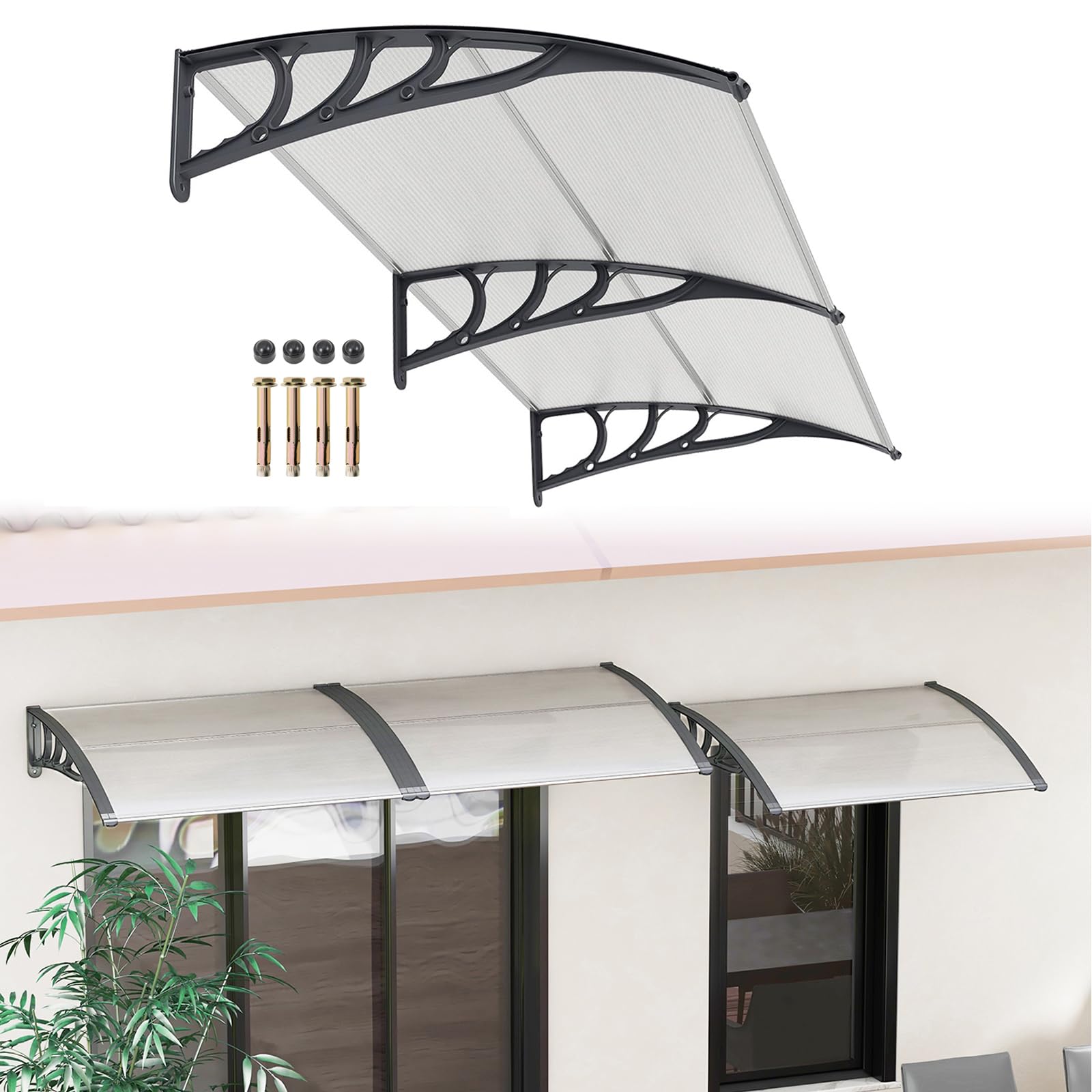 RELAX4LIFE Marquise de Porte Exterieur 200x100 CM, Auvent Porte d’Entrée en Polycarbonate, Protection Contre Pluie et UV, Auvent Marquise Aluminium pour Terrasse (200 x 100 cm,PC Transparent/Gris)