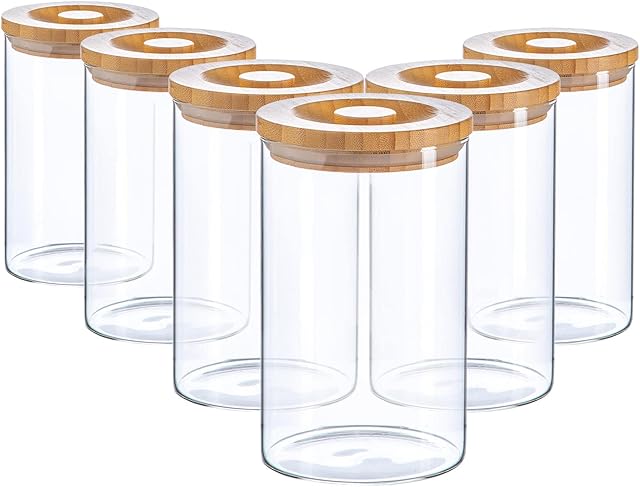 Argon Tableware 6 Piece Glass Jar With Wooden Lid Storage Container Set - Round Scandinavian Style Airtight Canister - 1 Litre