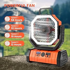 Odoland 30000mAh Oscillating Camping Fan with LED Lantern, Rechargeable Battery Operated, Portable Tent Fan with Timer, 4 Speeds for Outdoor Camp RV Jobsite Power Outage, Orange