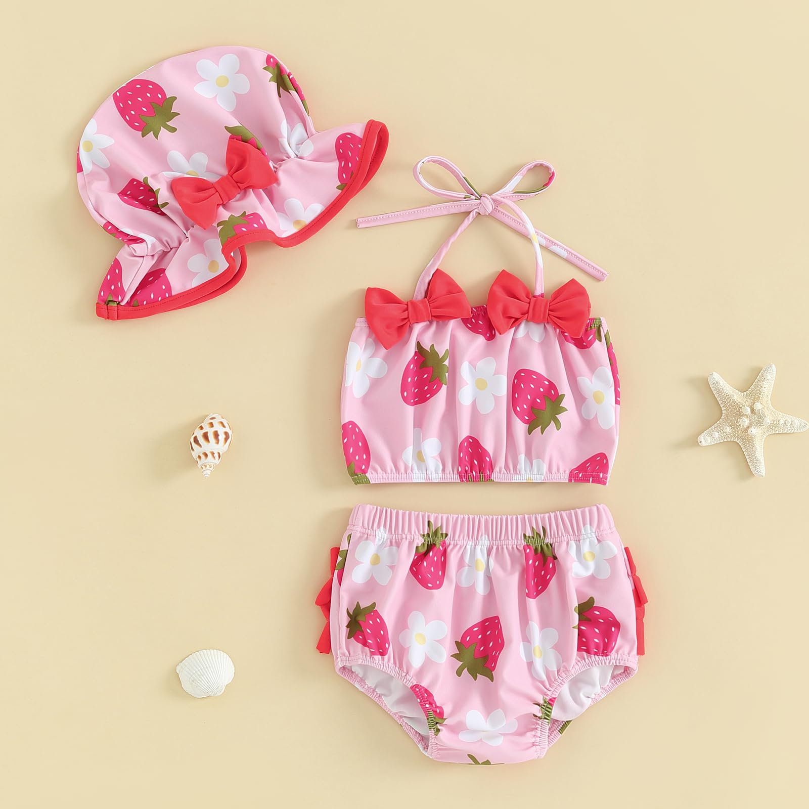 3 Pezzi Costume da Bagno Neonata Bikini Set Bambina Estate Stampa Fragola/Sirena Top Senza Manica+Fondo+Cappello Completo da Mare Spiaggia