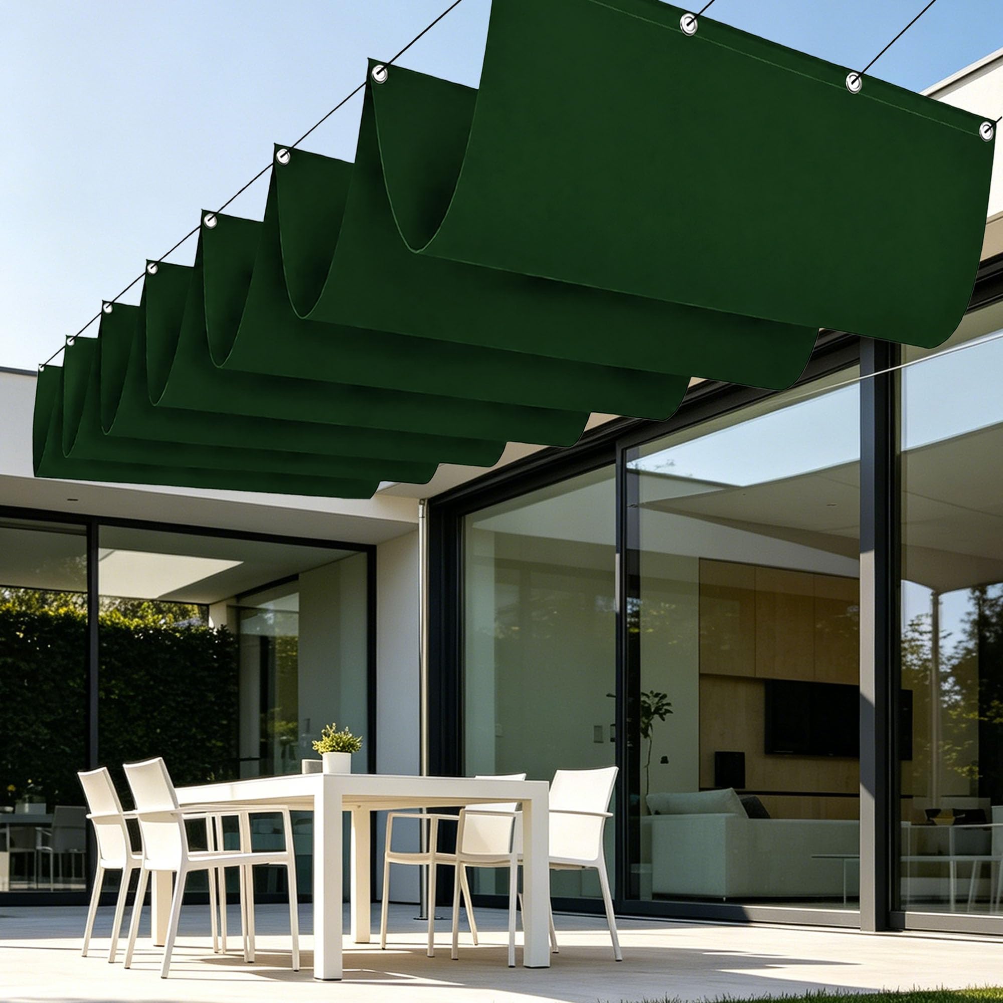 Toile ombrage rétractable vague 900x320 cm vert foncé pour terrasse et jardin