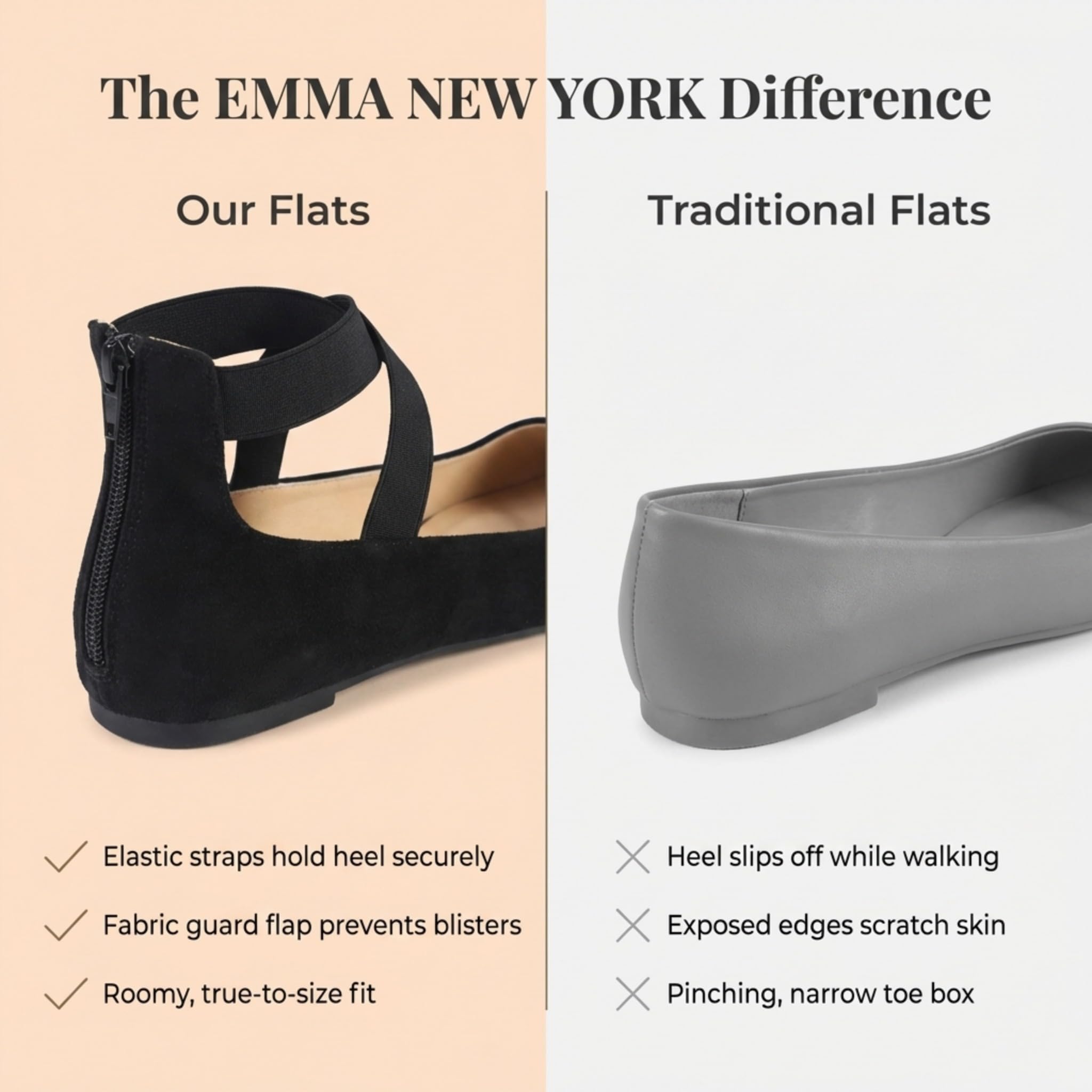 EMMA NEW YORK Ankle Strap Flats for Women, Women Flat Ballerina Shoes, Women's Ballet Flats with Strap (Su Black, 8)