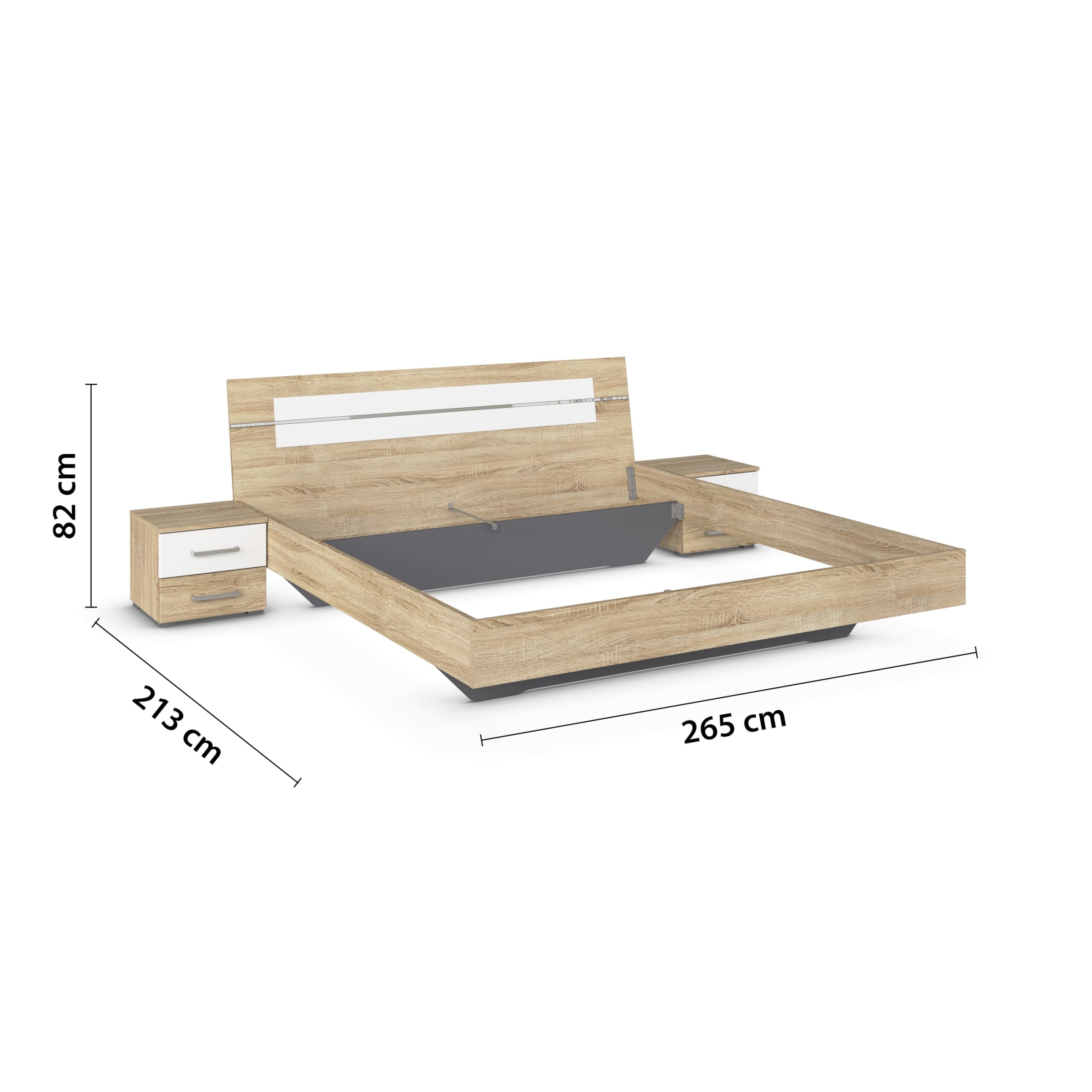 Rauch Möbel Burano Schlafzimmer, bestehend aus 1 Bett Liegefläche 180x200cm, 2 Nachttischen 40x36x40cm, 1 Schrank mit Spiegel und Kranzblende 181x212x54cm, Farbe Eiche Sonoma mit Absetzung in Weiß