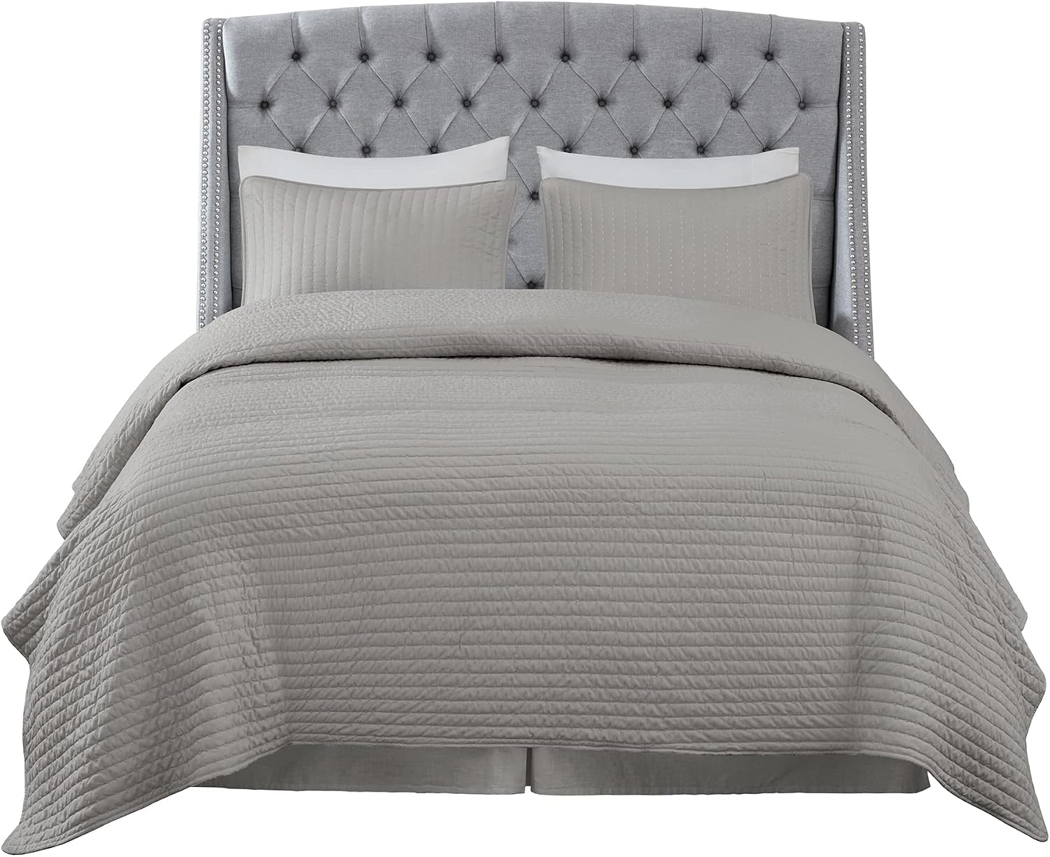 Madison Park Harper Upholstered Nail Head Trim Wingback Button Tufted Headboard Modern Contemporary Metal Legs Padded Bedroom Décor Accent, King Grey