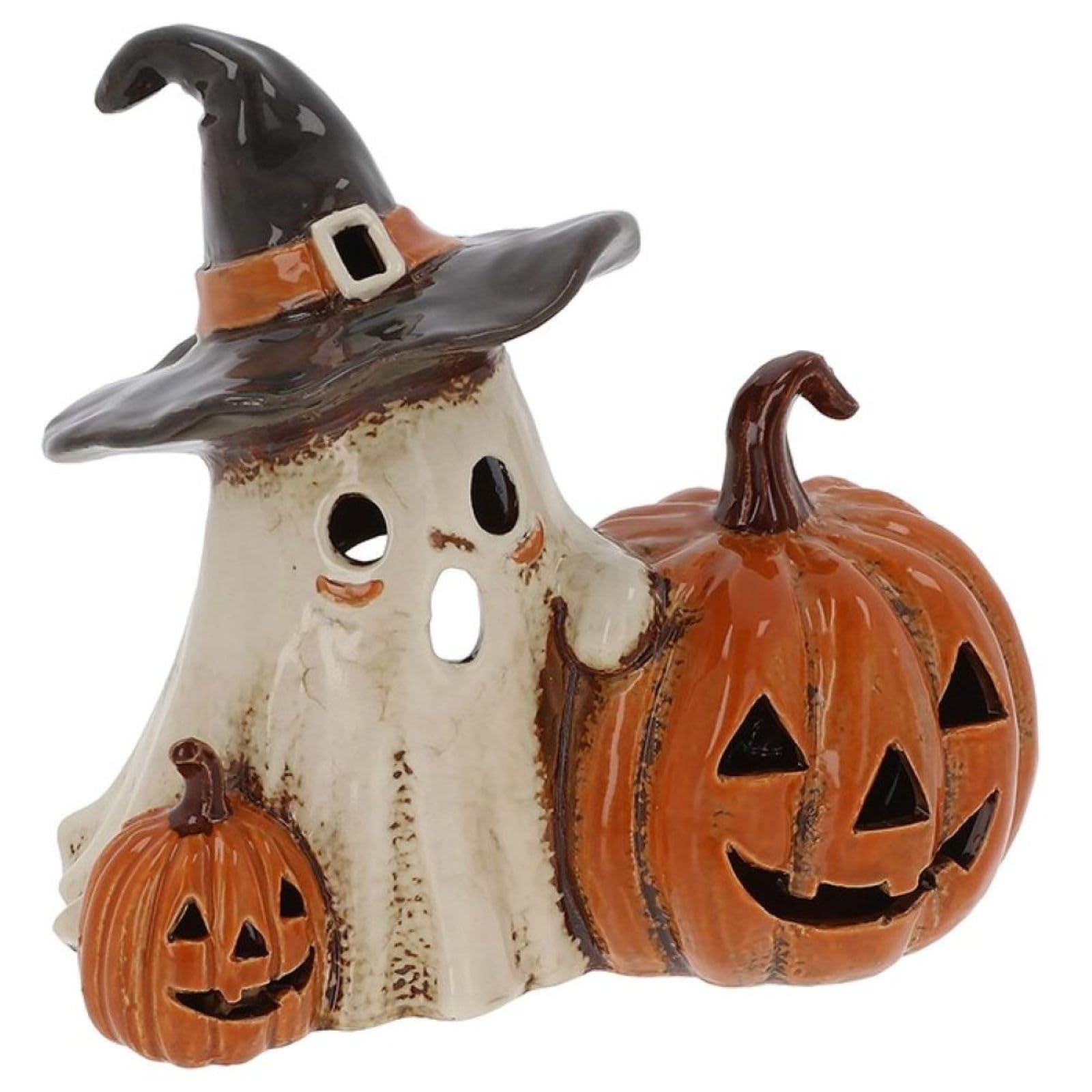 Village Pottery Ghost and Pumpkins Halloween Tealight Holder Boxed