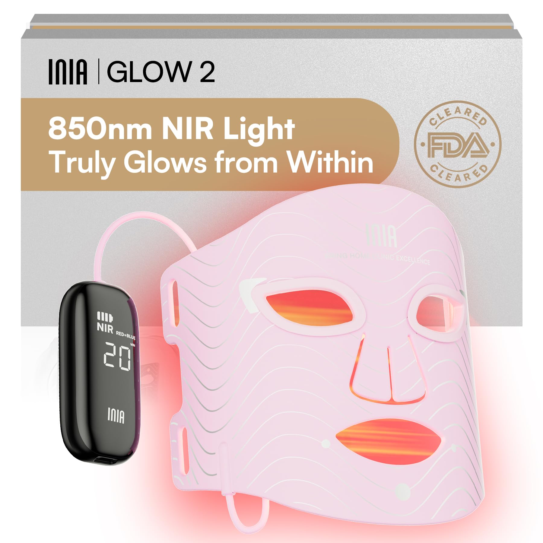 INIA Red Light Therapy Mask for Face – 4 Light Modes with 850nm NIR, Red & Blue LED Light Therapy, 2600mAh Rechargeable LED Face Mask for Radiant Glow at Home, Pink