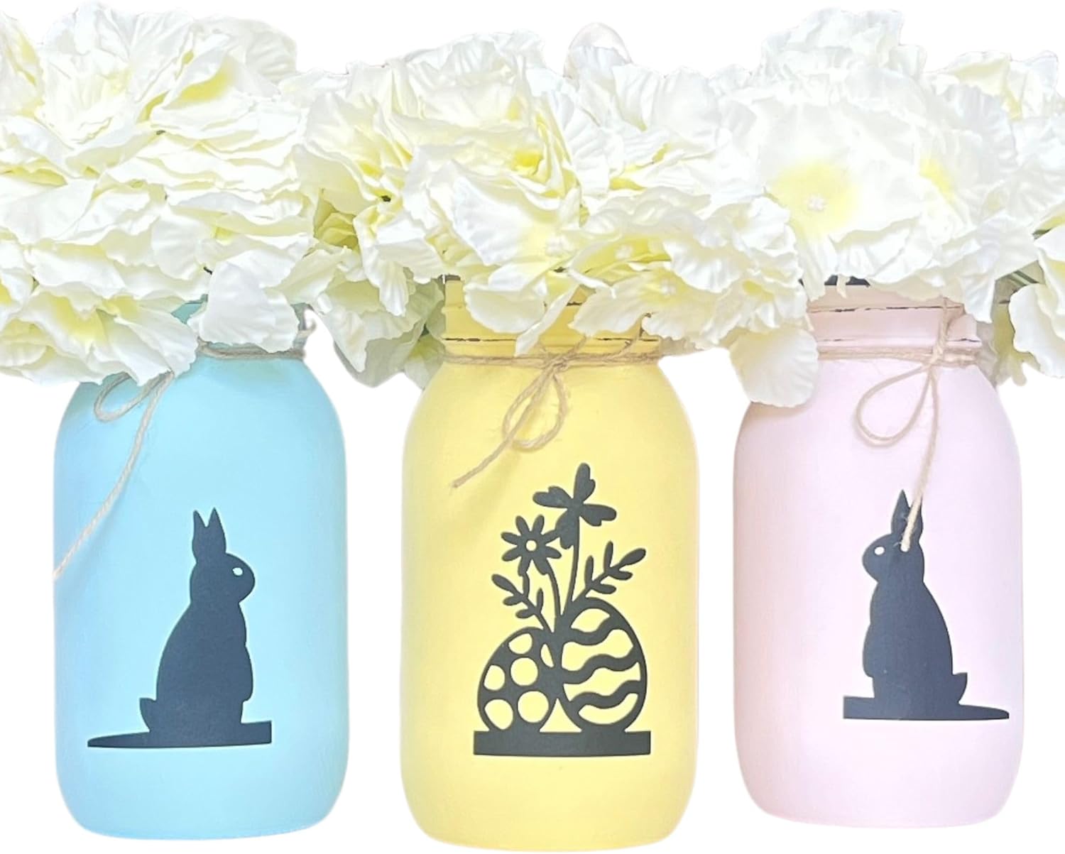 Easter Mason Jar Centerpieces With Faux Flowers, Set of 3 - Pastel Quart Jars For Rustic Farmhouse Decor, Spring Table Decor And Table Centerpieces For Dining Room Mantel Or Entryway