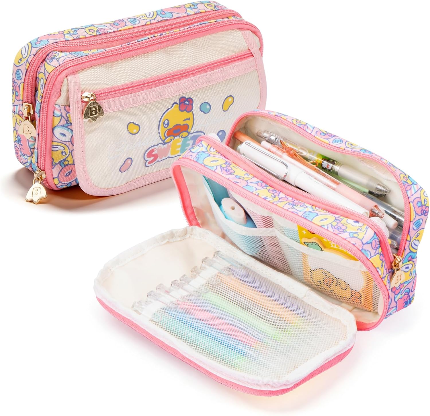 Comix Large Capacity Pencil Case Pouch, 5 Compartments Pencil Pouch Pencil Box, Pink Canvas Pencil Bag, Cute B Duck Makeup Pouch for Women