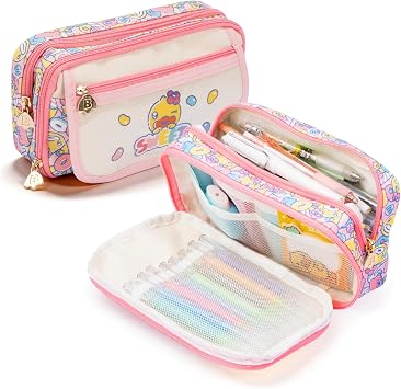 Comix Large Capacity Pencil Case Pouch, 5 Compartments Pencil Pouch Pencil Box, Pink Canvas Pencil Bag, Cute B Duck Makeup Pouch for Women