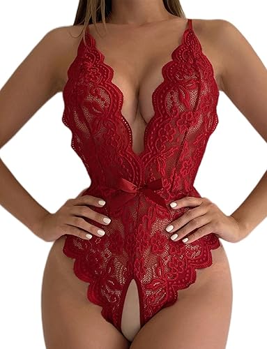 SOLY HUX Women's Floral Lace Scalloped Trim Criss Cross Back Lingerie Teddy Bodysuit