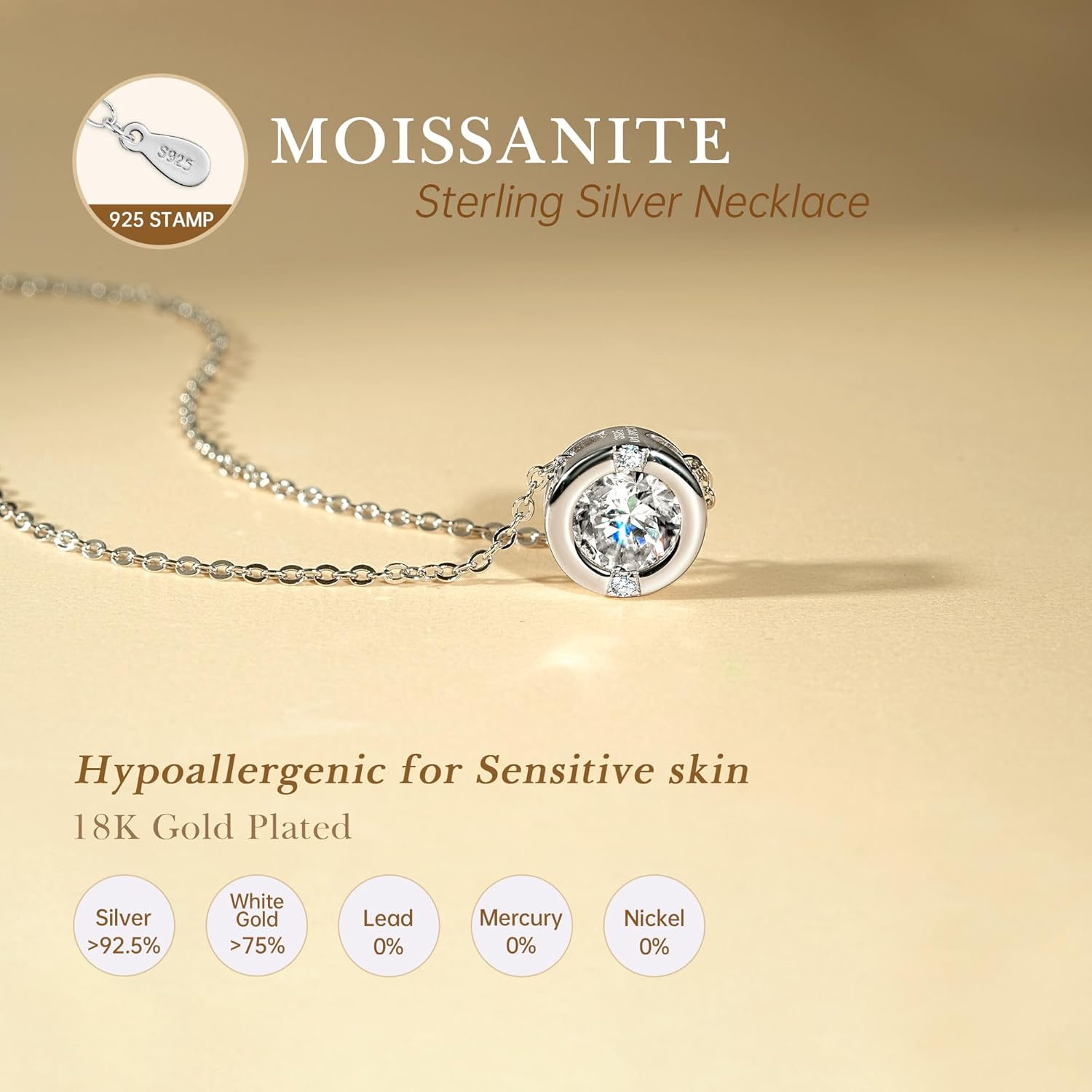 WOAINI 1 Carat Moissanite Solitaire Pendant Necklace in 925 Sterling Silver, Adjustable Necklaces Pendant Bezel-Set with Moissanite, 18"+2", Diamond-Alternative Jewelry Gift for Women - Image 5