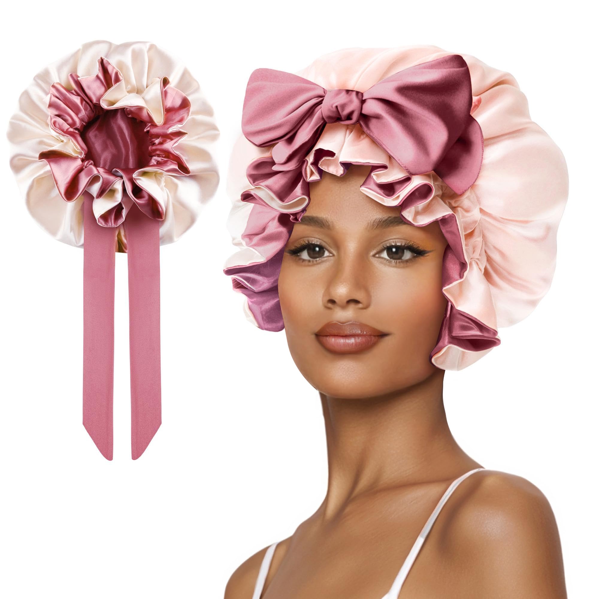 Vettres Bonnet for Sleeping, Satin Silk Hair Shower Cap Women 2025 Tie Band Adjustable Straps Head Wrap for Curly Hair Pink F