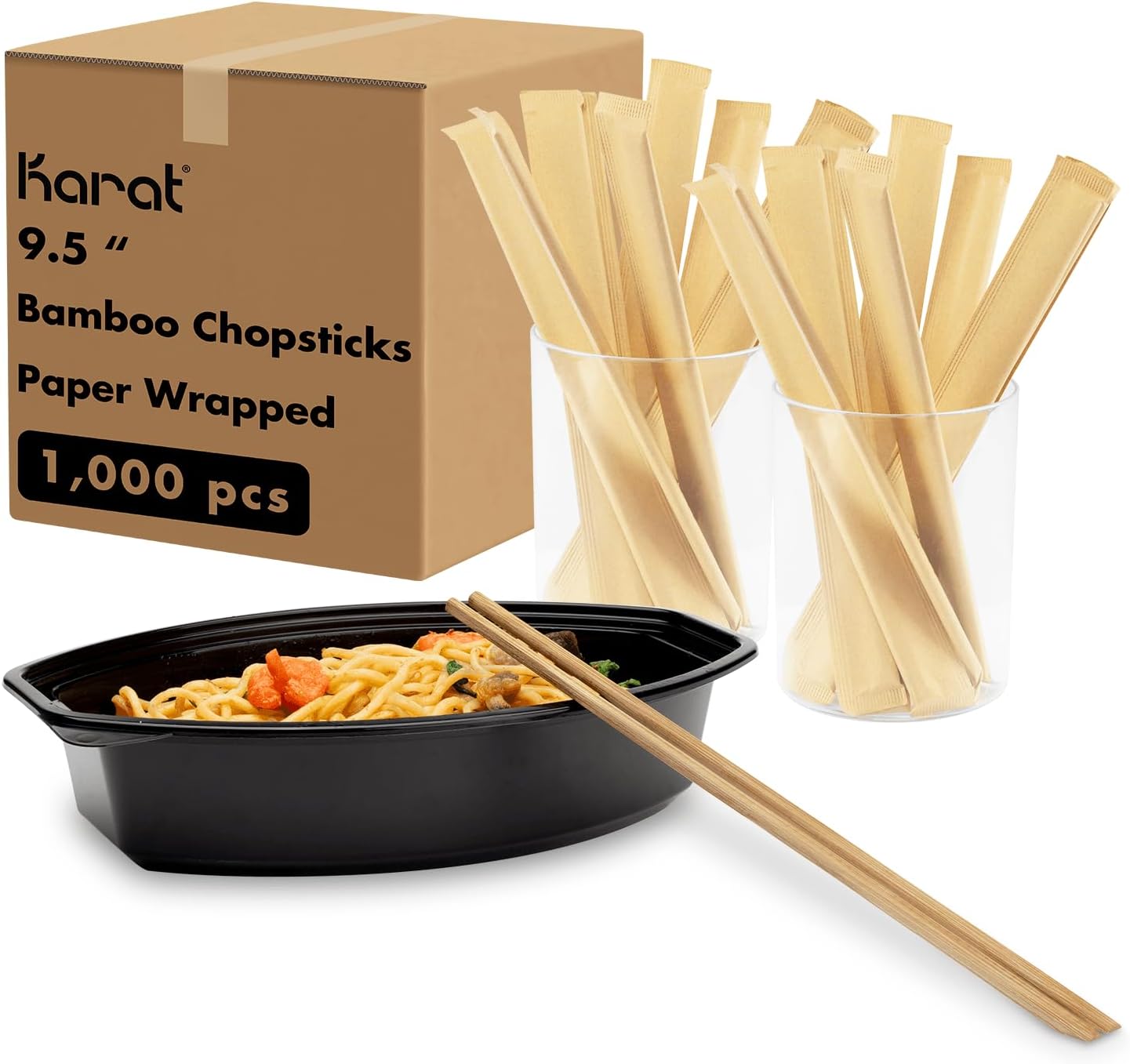 Karat 9.5" Bamboo Chopsticks [1000 Pairs] - Disposable Bulk Chopsticks with Individual Paper Wrapping, To Go Chopsticks, Splinter-Free for Catering & Parties