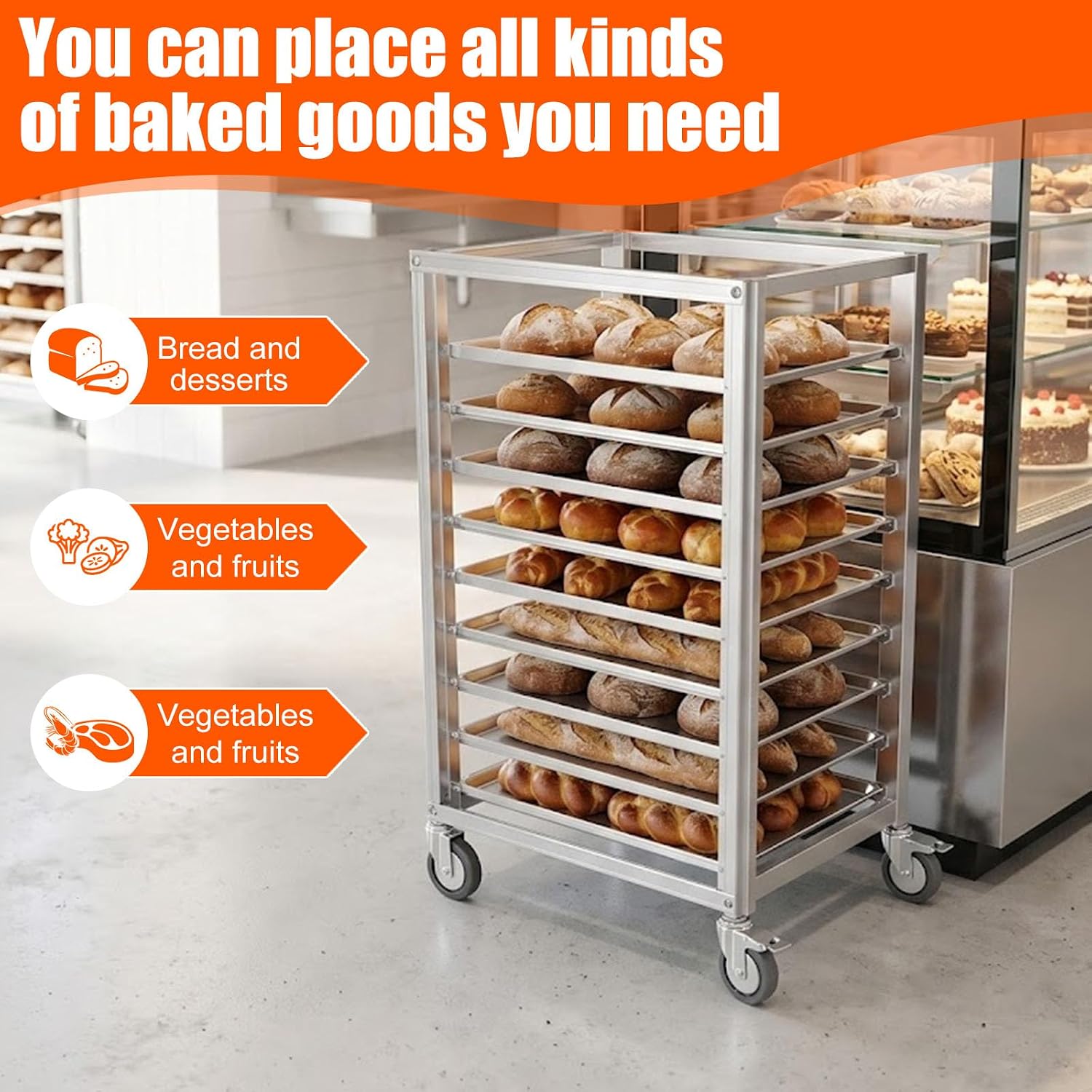 9 Tier 3 Inch Spacing Aluminium Home Commercial Kitchen Bakery Cooling Rack with Wheels Storage Cooling Sheet Pan Rack for Restaurant Cafeteria Pizzeria