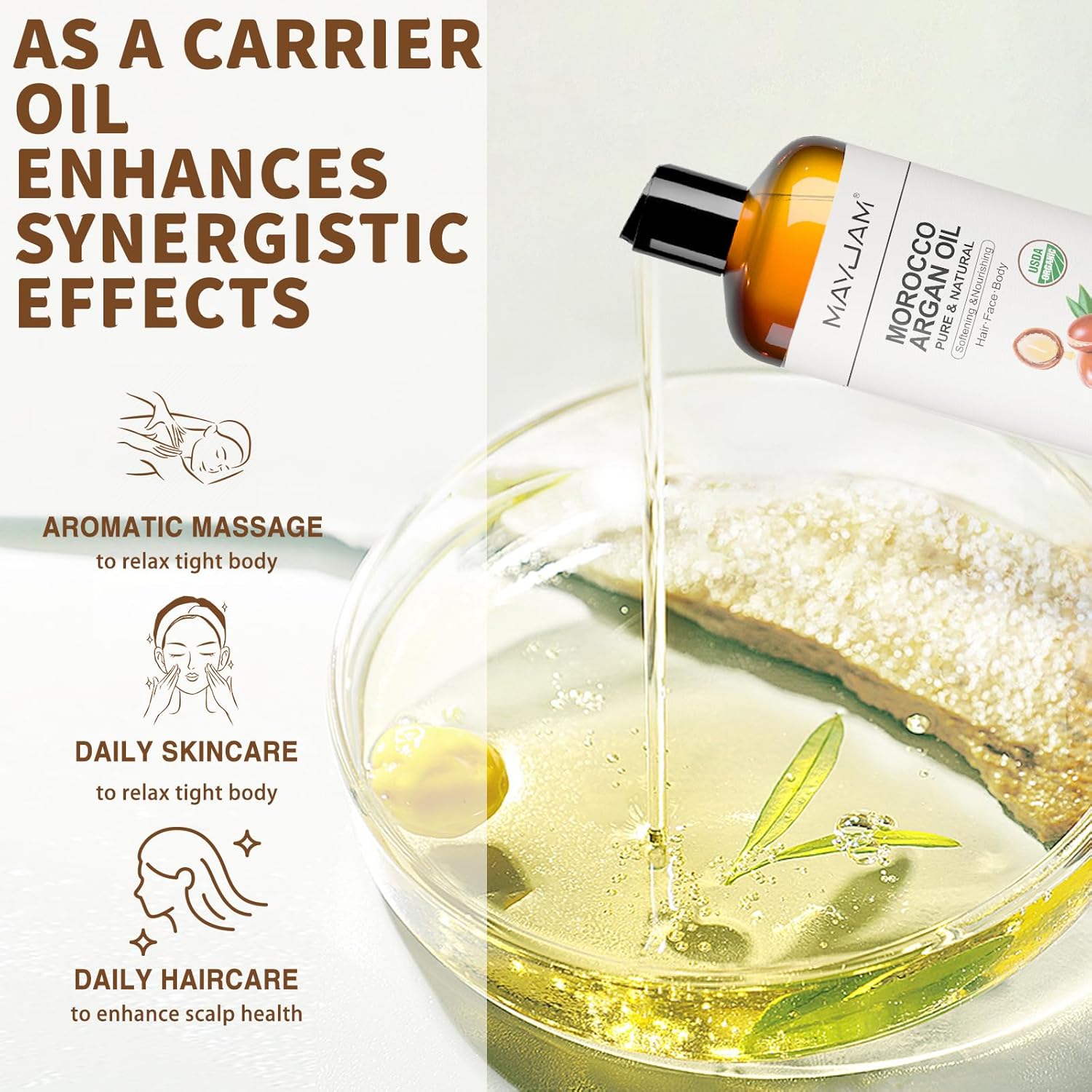 MAYJAM Organic Moroccan Argan Oil 16 Fl Oz, USDA Certified 100% Pure & Natural Carrier Oil For Dry, Damaged Skin, Hair, Face, Body & Scalp Moisturing, Massage Oils for Essential Oils Mixing (473ml) - Image 7