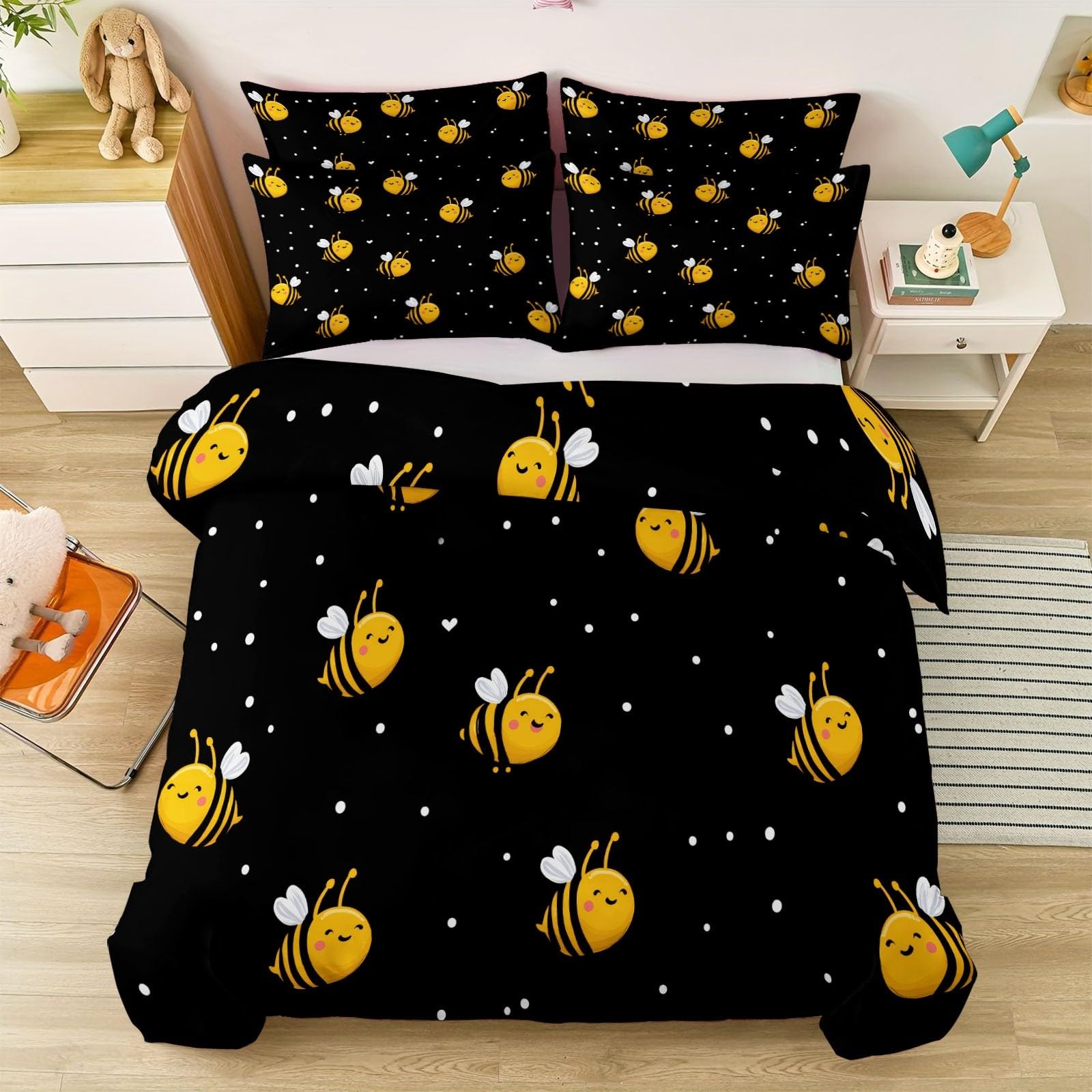 Housse de couette abeilles noir 240x260 parure lit microfibre durable
