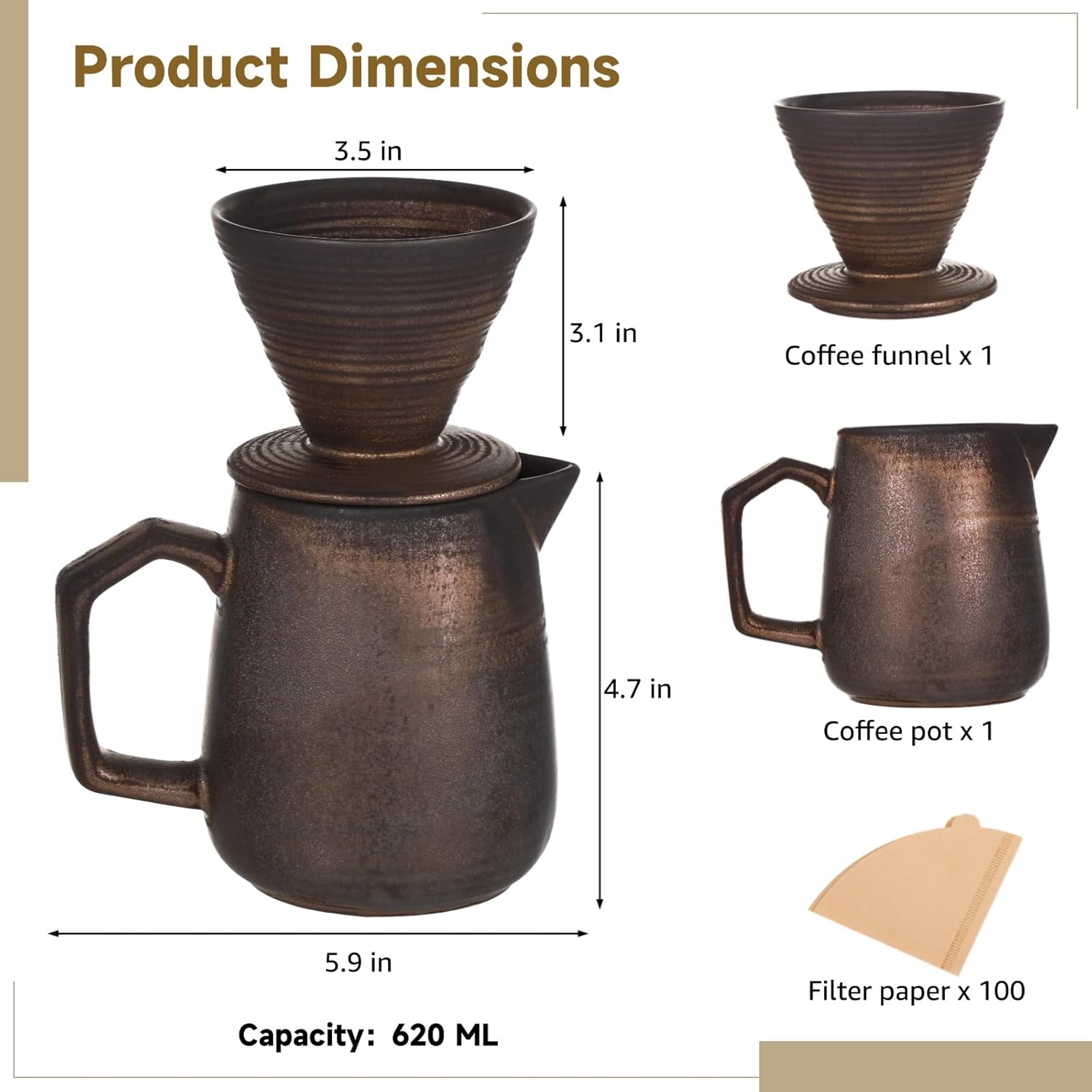 Ceramic Pour Over Coffee Dripper Set - Pour Over Coffee Maker with 100 Filter Papers, 620 ML Capacity, Vintage Classic Design, Ideal for Home or Office