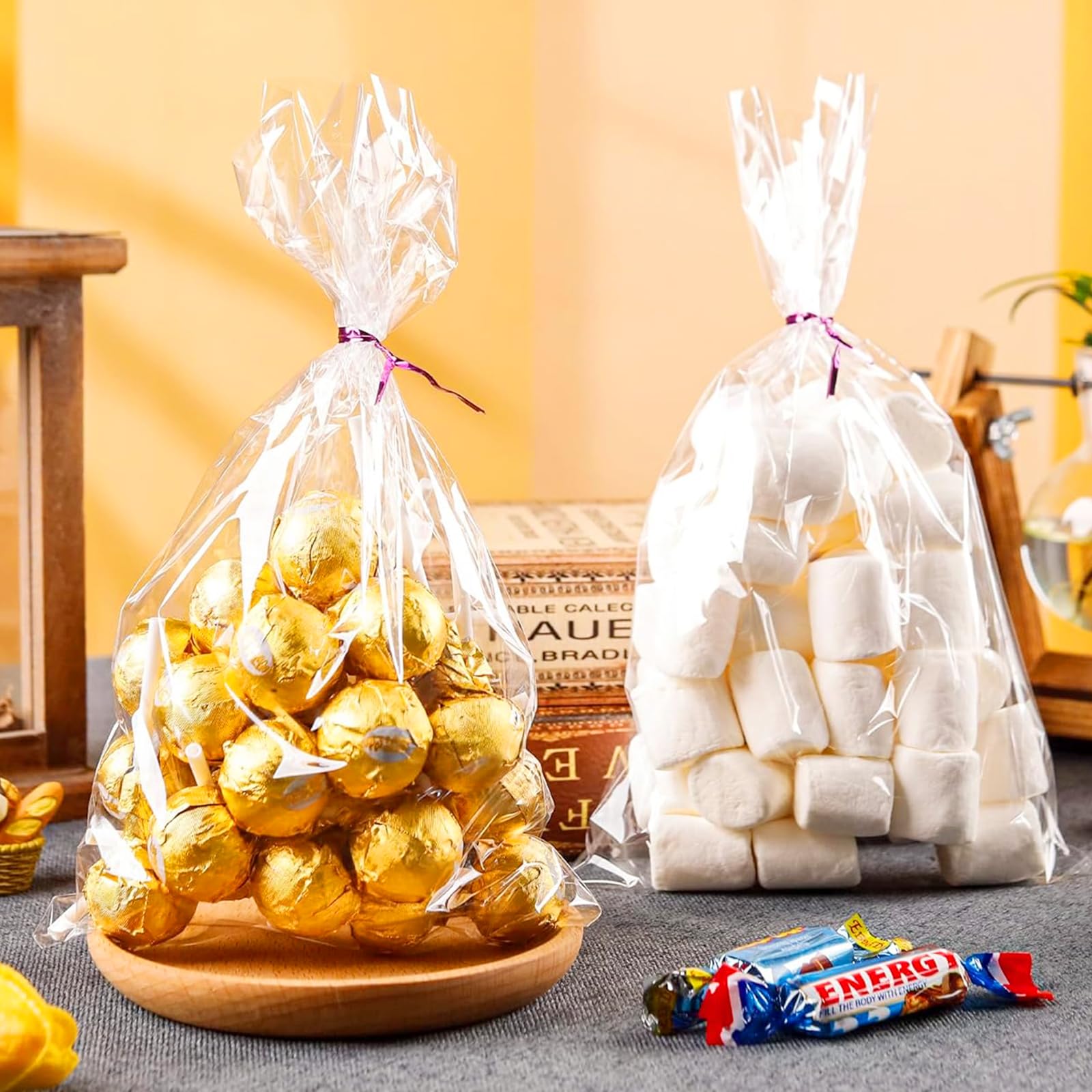 100 Pezzi Sacchetti Trasparenti per Confezioni 25x15cm, Bustine Cellophane per Pane Fresco Caramelle, Biscotti, Frutta, Gioielli con 100 Bande Metalliche per Feste Matrimonio Compleanno Bambini Regalo
