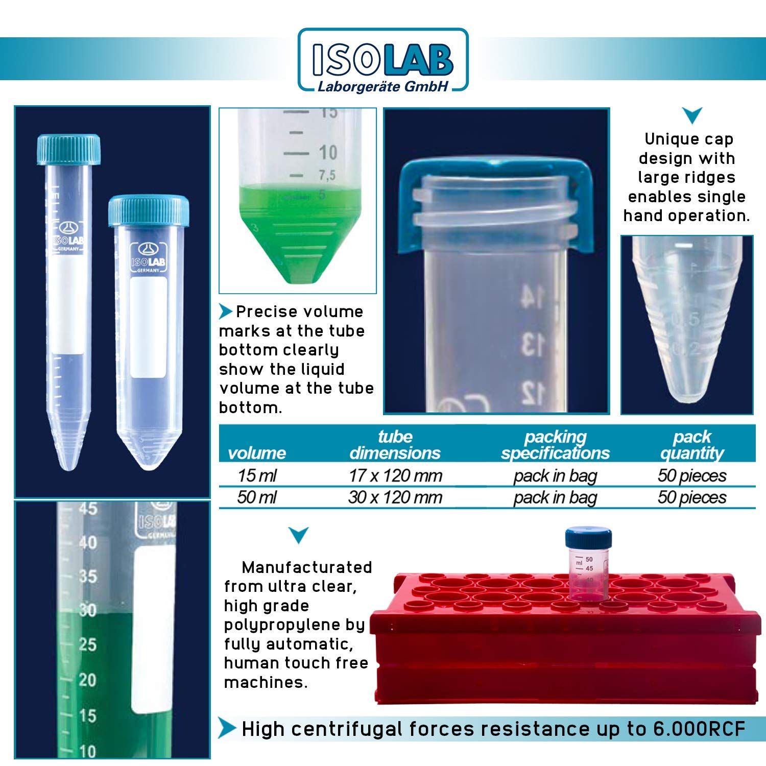 ISOLAB USA – Tubes de centrifugeuse en plastique, 15 ml, fond conique – Bouchons à vis bleus, marques graduées, non stériles, lot de 50 (50, 15 ml – 50 pièces)