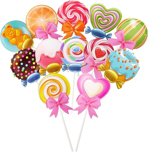 yueton 24 adornos para cupcakes de Candyland realistas, piruletas, helados, decoraciones para cupcakes para decoración temática de Candyland, fiesta