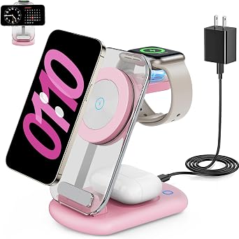 RYND 2026 Travel Wireless Fast Charging Station,Magnetic 3 in 1 Charger with Light for iPhone16 15 14 13 12 Pro Max Plus,Apple Watch Series & Air pods 4 3 2 Pro-Gifts for Wife & HusbandPink