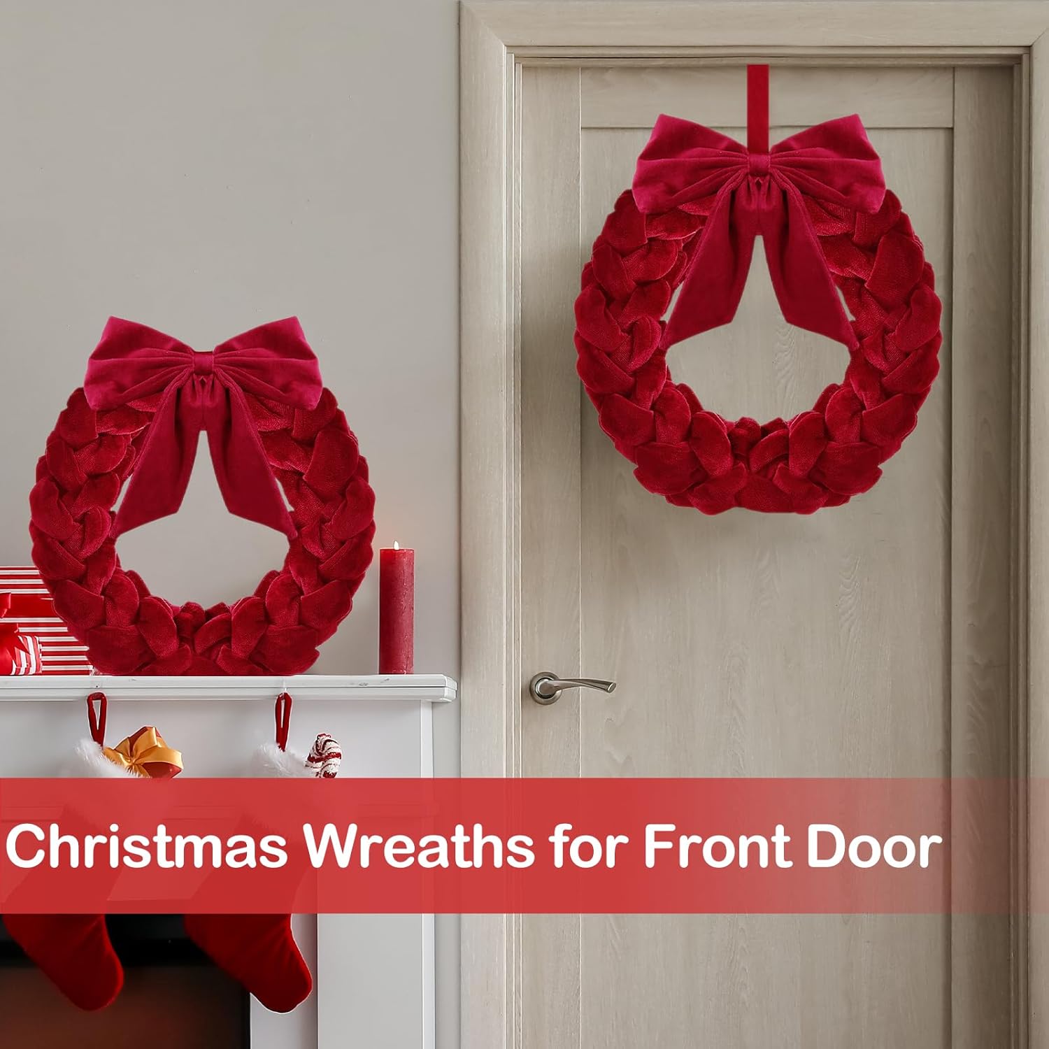 2 Pcs Christmas Velvet Wreath 13" Christmas Decorations Front Door Wreath Decor Christmas Wreath Ornament with Bow for Outdoor Indoor Party Table Fireplaces Porch Walls New Years (Red)