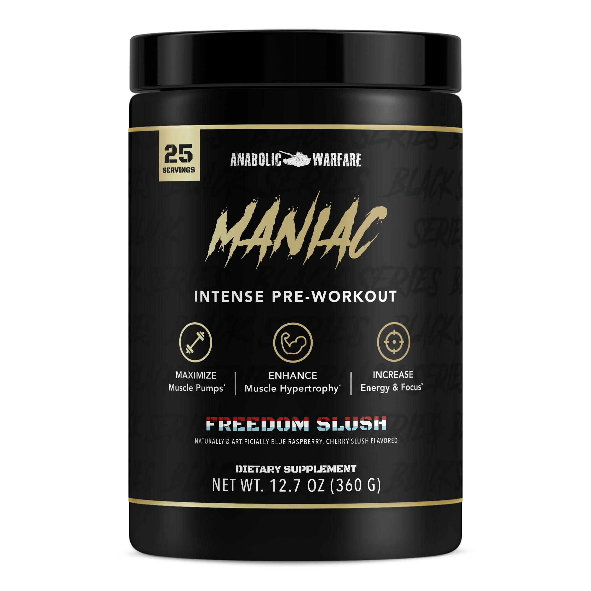 Anabolic Warfare Black Series Maniac, Pre-Workout Powder, Supports Nitric Oxide, Increase Muscle Pumps, Support Protein Synthesis*, Freedom Slush 20 Servings