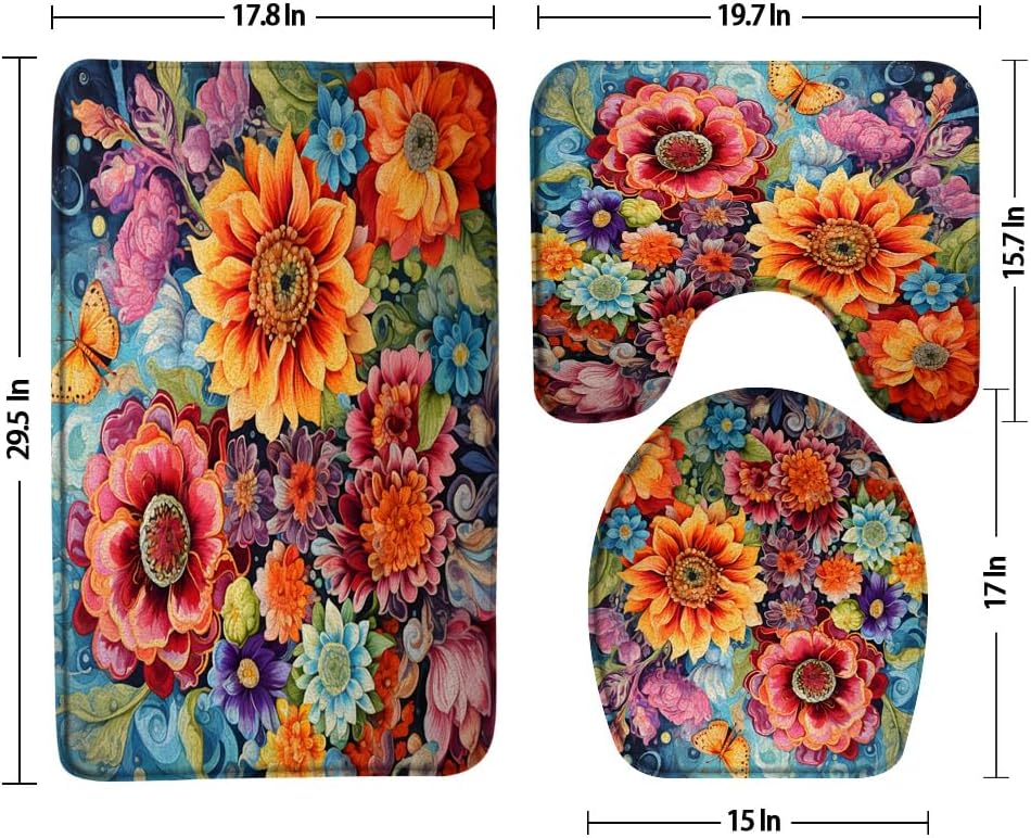 3pcs Floral Boho Bathroom Sets with Non-Slip Rug,Toilet Lid Cover and Bath Mat, Watercolor Gorgeous Sunflowers Peony Daisies Colorful Flowers Tropical Plant Bathroom Carpet Bath Mat Toilet Rugs