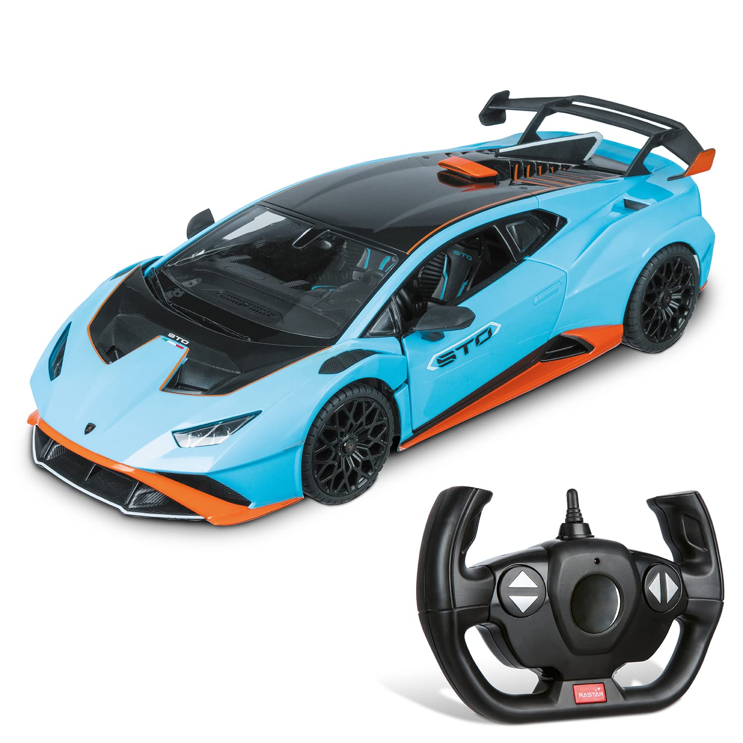 Mondo Motors, LAMBORGHINI HURACAN STO 2.4GHz, Modello in Scala 1: 14, fino a 10 km/h di Velocità, Auto Giocattolo per Bambini 63707, azzuro