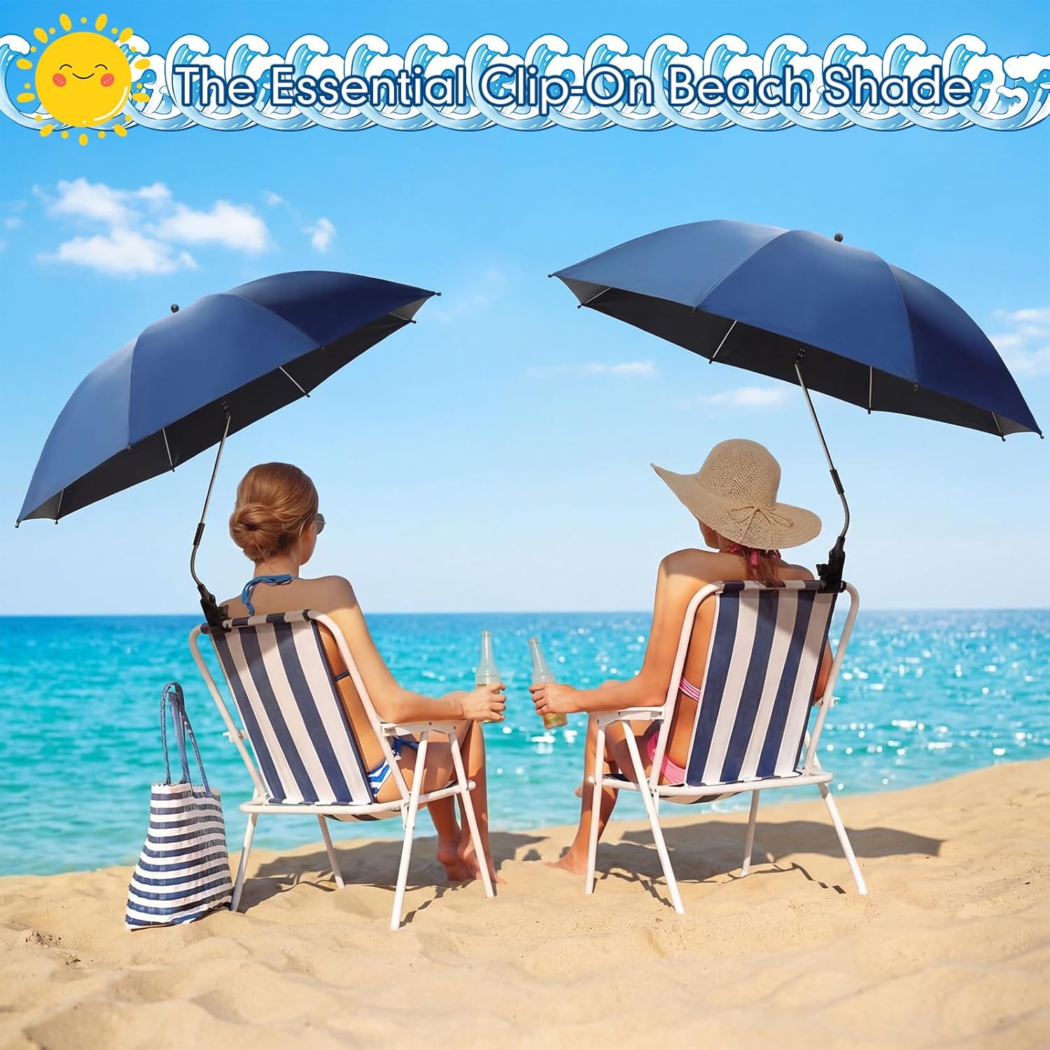 2 Pack Beach Umbrellas with Clamp 48 Inch Adjustable Umbrella 360° Universal Clamp Summer Beach Sunshade for Sand Patio Yard Camping Strollers Wheelchair, Chair Not Included(Deep Blue)
