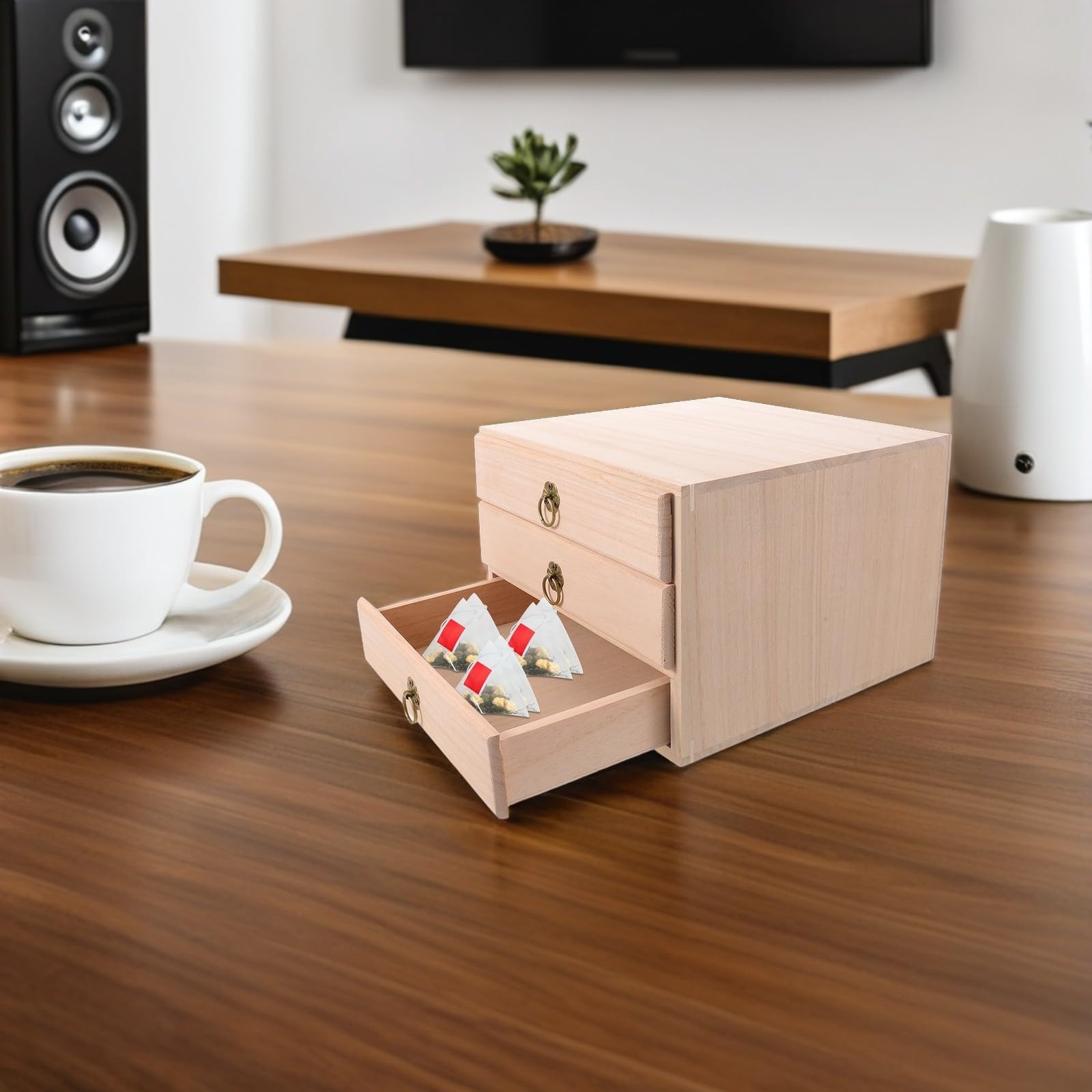 SOLUSTRE 3cajón Caja de Almacenamiento de Té de Madera Maciza con Organizador Rústico para Bolsitas de Té Bandeja Pequeña Armario Multiusos para Hogar y Oficina