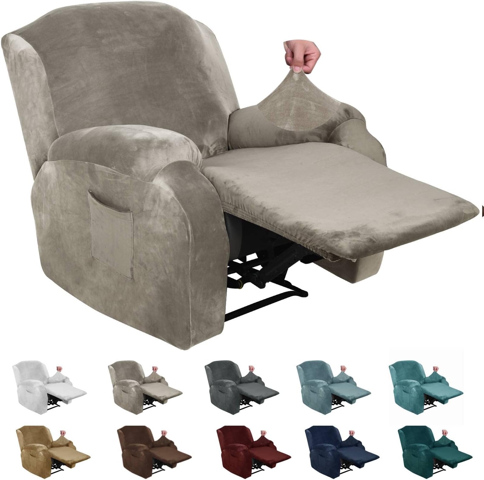 XINEAGE 4 Pieces Velvet Recliner Slipcover Stretch Recliner Chair Cover with Side Pocket Anti-Slip Fitted Recliner Cover Couch Furniture Protector with Elastic Bottom (Recliner, Khaki)
