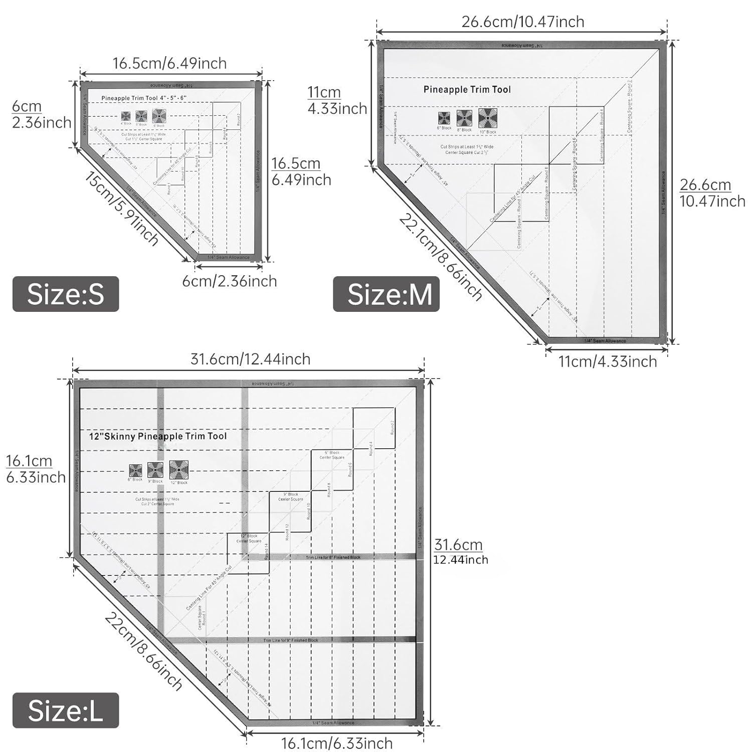 Acrylic Pineapple Block Quilting Ruler Set, Multi-Size Quilt Template for 4" 5" 6" 8" 9" 10" 12Inch Blocks, Transparent Patchwork Sewing Guide, Pineapple Trim Tool for Craft Designers DIY Enthusiasts
