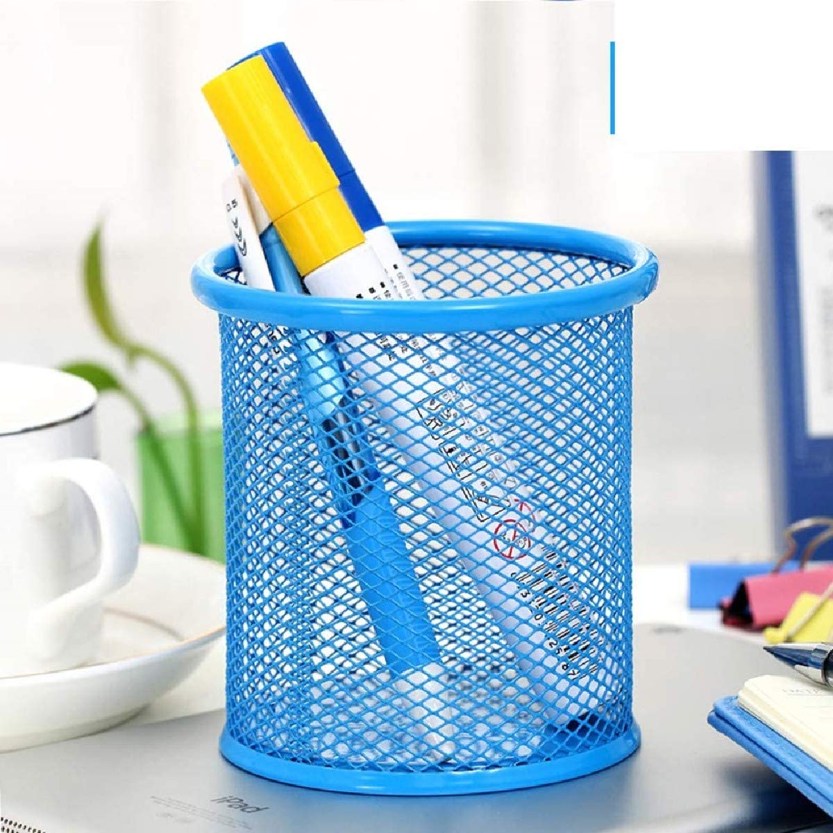SwissHome Mesh Pen Stand, Pen Holder Round Shape Pencil Container Multipurpose Metal Hollow Out Desktop Storage Organizer for Student Stationery Office Supplies (Pack of-1, Sky Blue) 1