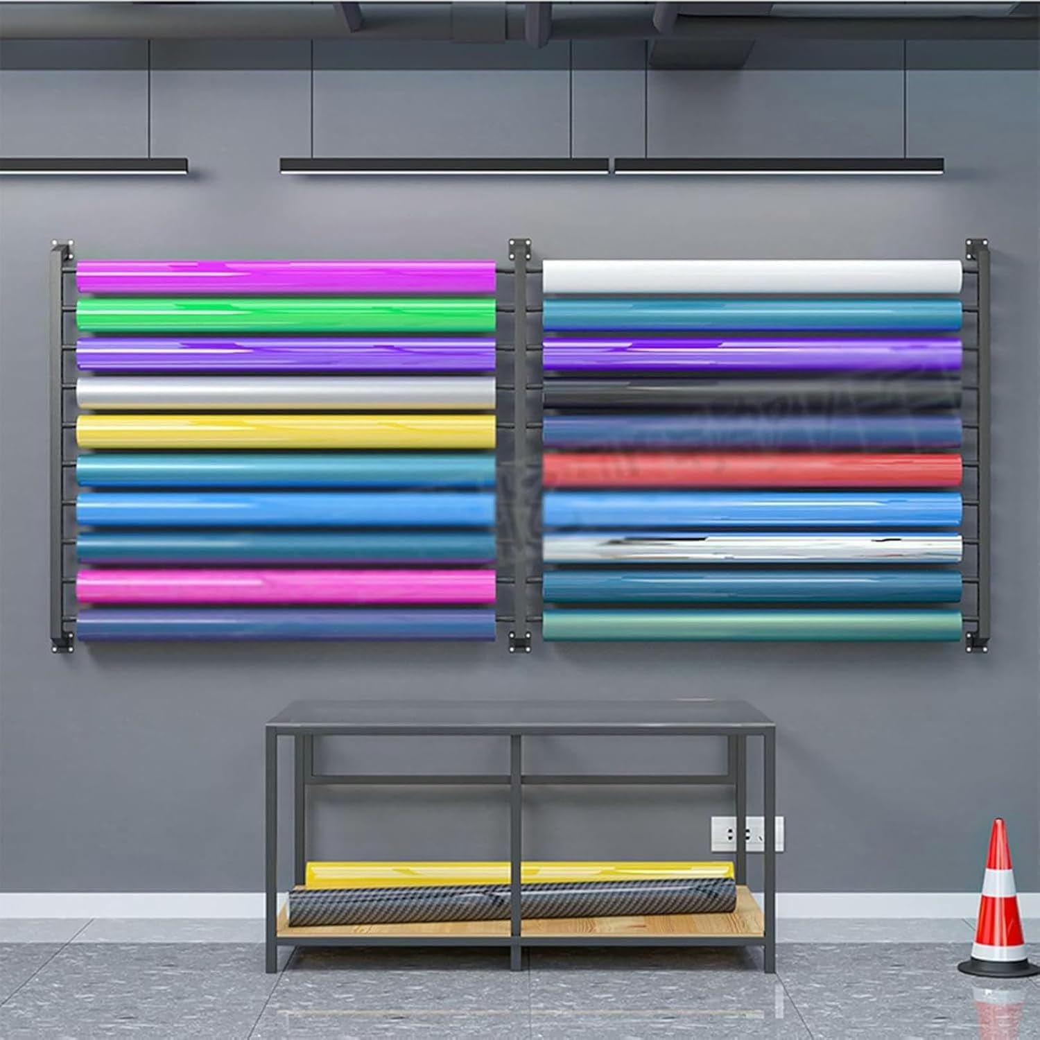 10/20 Rolls Metal Car Vinyl Holder with Adjustable Hanging Rod, Multi-Use Wall Mount Storage Rack,for Wallpaper, Car Window Film, Banner, Wrap Material, Media Fabric Spool Craft Stand