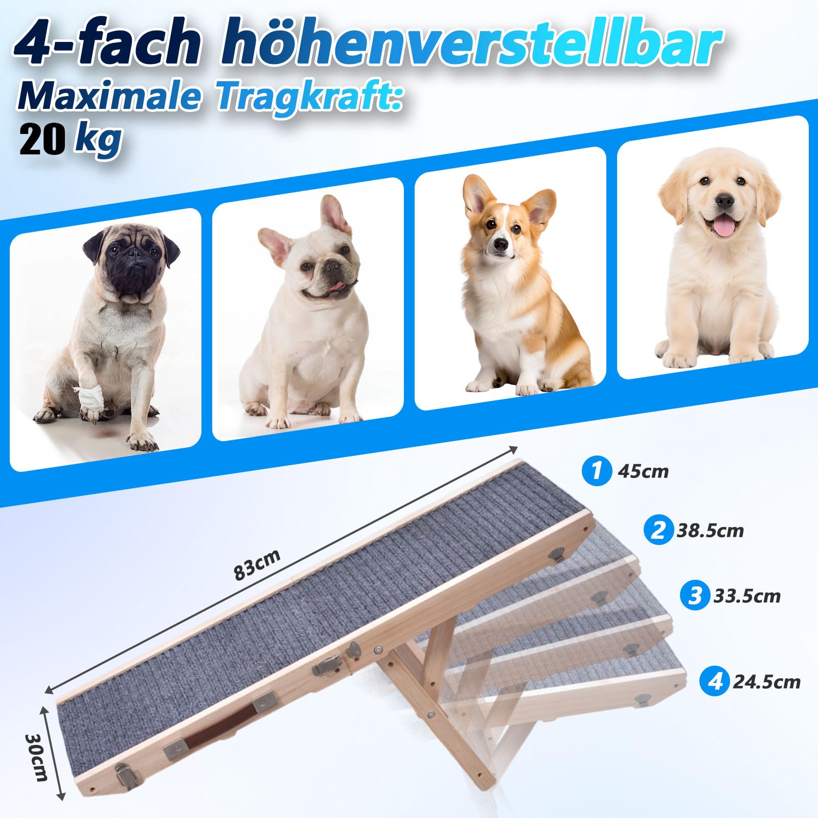 Rampe pour chien en bois, Escalier pour chien 4 marches Réglable de 24,5 cm à 45 cm, Rampe pour chien avec coussin antidérapant pour canapé, voiture, lit, Rampes pour chien pliables pour