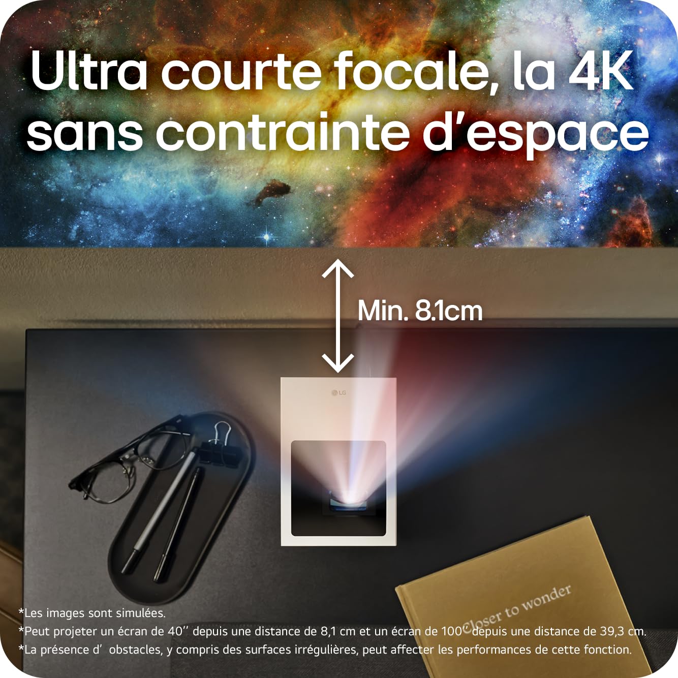 LG CineBeam S Vidéoprojecteur Laser PU615U Focale Ultra Courte pour Home Cinema, 500 lumens ANSI, 4K UHD 100 Pouces 2160p, Projection Entre 40" ~100", LG Smart webOS 24, Bluetooth 5.0, Dolby Atmos