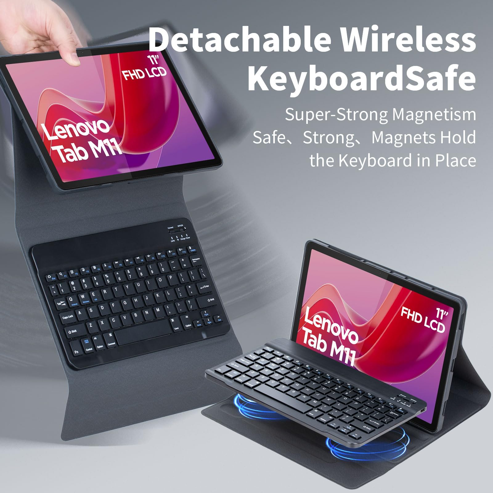 Keyboard Case for Lenovo Tab M11 11-calowy model 2024 (TB330FU/TB330XU) z myszką, odłączaną bezprzewodową klawiaturą Bluetooth, ultracienkie etui,Black