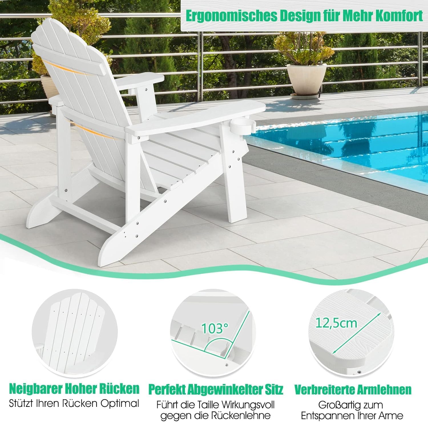 FANTASK Adirondack - Sedia da giardino resistente alle intemperie, in plastica, colore: Bianco