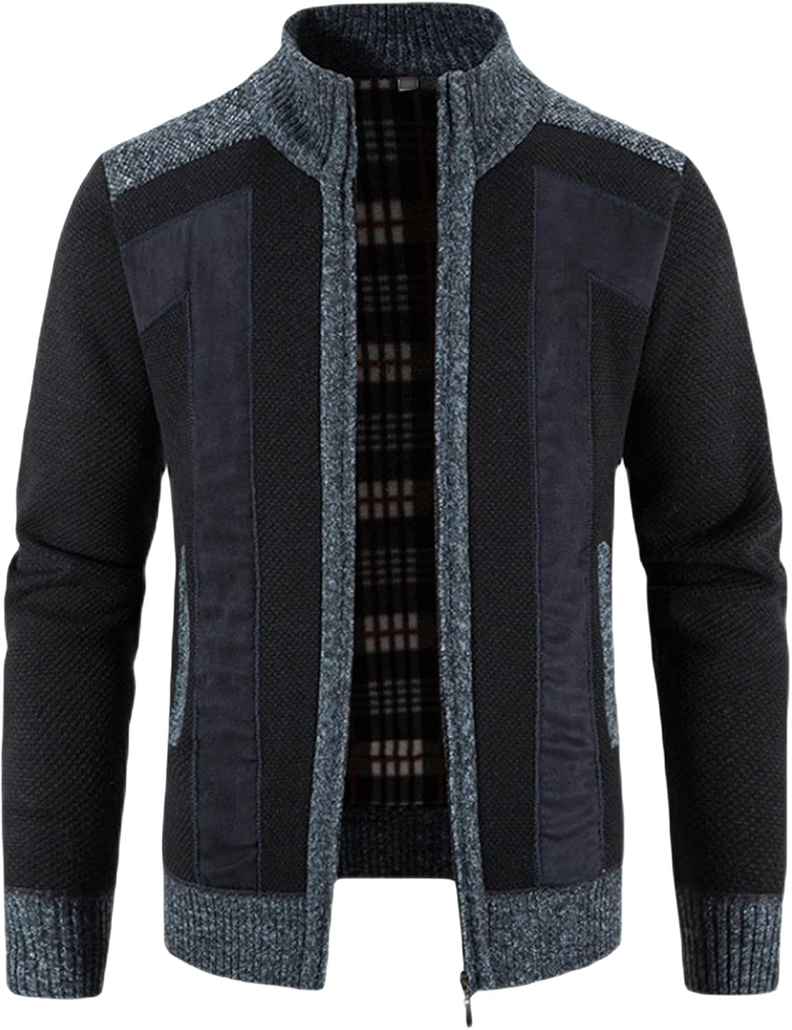 Men Stitching Sweater Stand Collar Zipper Full Knitted Cardigan Thick Sweater Soft Flannel Lining Cardigan Sweater