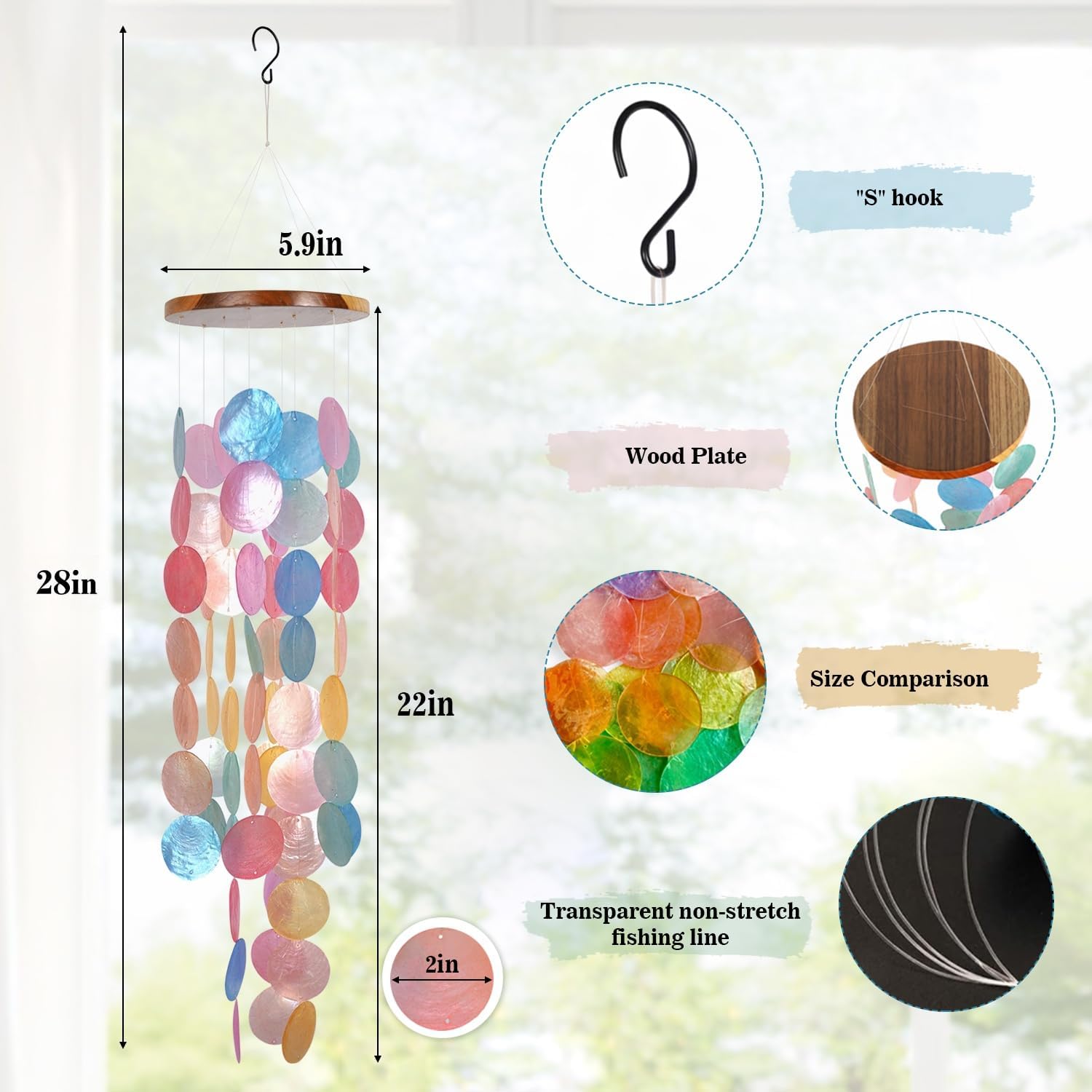 ASTARIN Capiz Shell Wind Chime for Outside 28” Handcrafted Windchime Outdoor Beach Chimes Garden Decor Gift for Women - Image 3