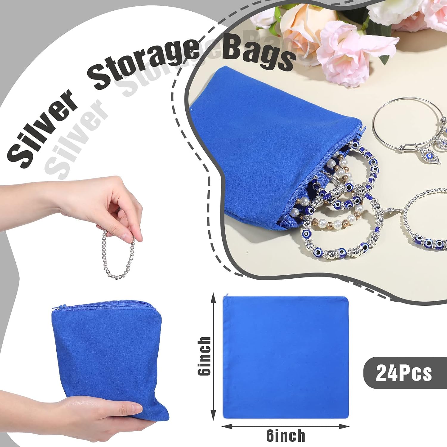 Geosar 24 Pcs Silver Storage Bags, Anti Tarnish Jewelry Zippered Silver Pouches Keeper, for Silverware Protector Bags(6 x 6 Inch,Blue)
