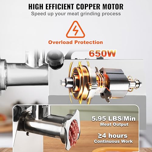 Miniatura 3 de VEVOR Picadora de carne eléctrica, 5.95 librasminuto, 650 W (3800 W máximo), picadora industrial de carne de acero inoxidable 304 con 3 placas de