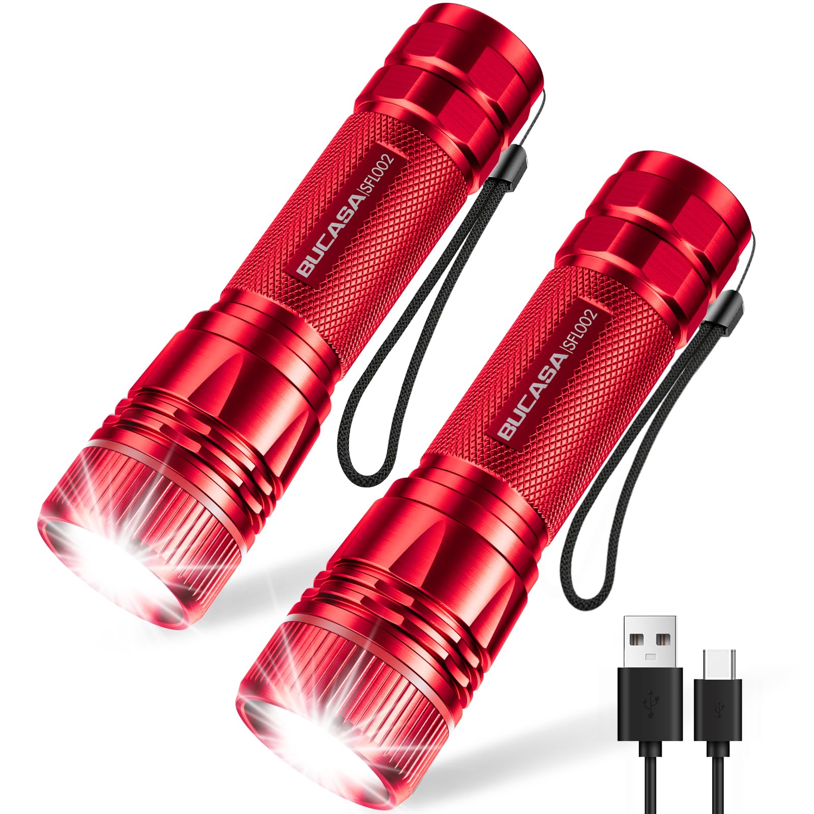 BUCASA 2 Stück Mini Taschenlampe LED Aufladbar, 2000 Lumen Extrem Hell LED Taschenlampe mit 3 Modi, Langer Laufzeit Taschenlampen Kinder, Wasserdicht Zoombar Flashlight für Camping Outdoor Notfäll Rot