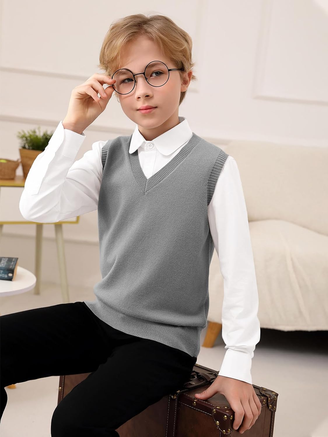 Haloumoning Boys Sweater Vest School Uniform Sleeveless Sweaters 5-14 Years