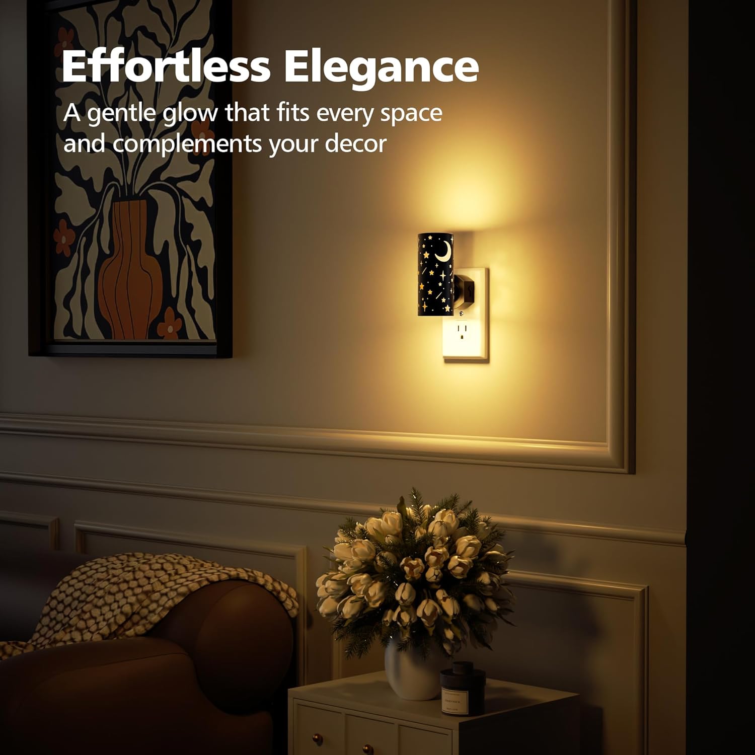 LED Night Lights Plug into Wall, 2-Pack 3000K Bright Plug in Nightlight, Dusk-to-Dawn Sensor, Dimmable 0-100LM, Auto-On/Off, Home Decor for Kids Room, Bathroom, Hallway, Bedroom, Black Stars